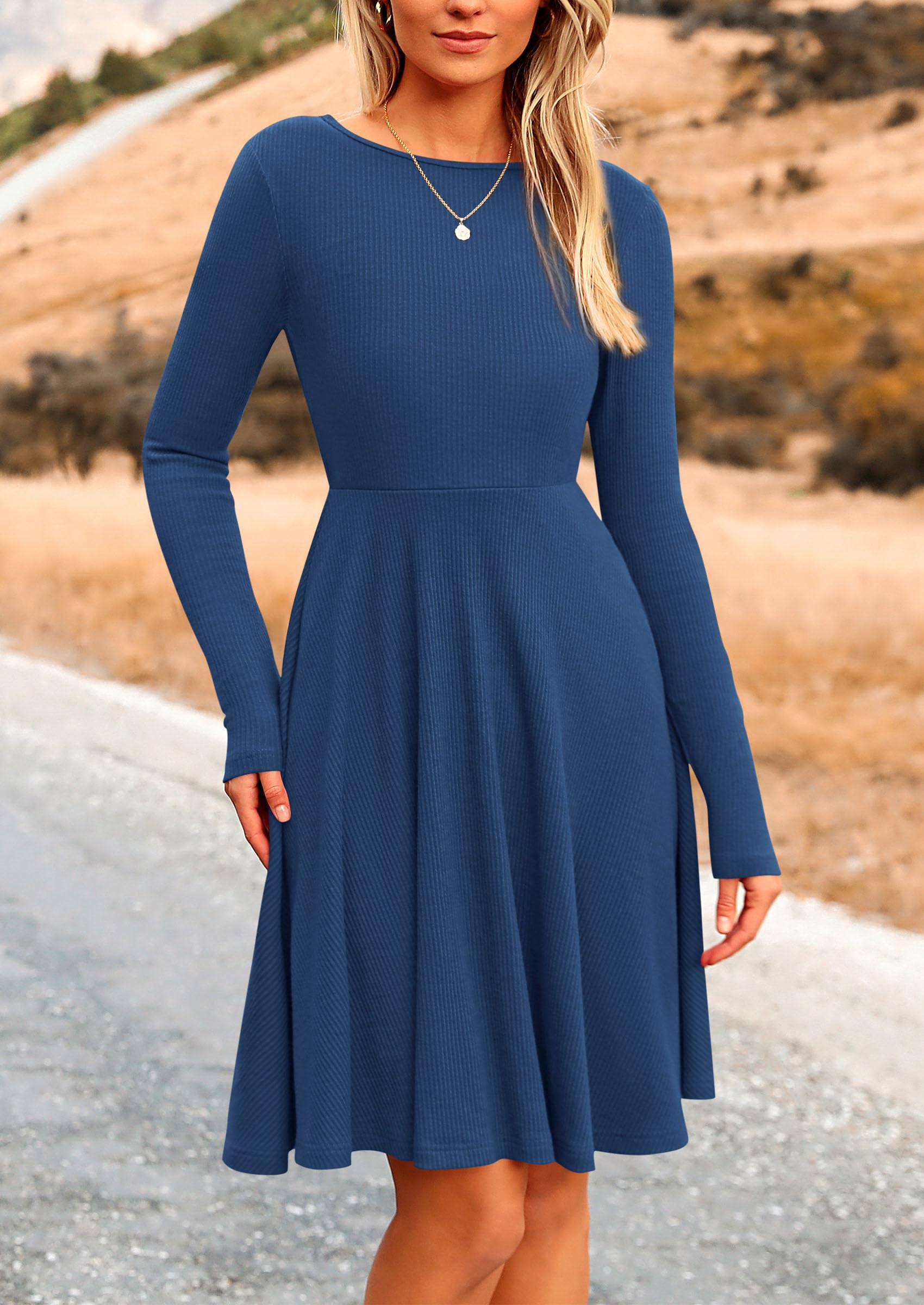 Women's Fall Casual Long Sleeve Short Dress (Dark Blue,S)