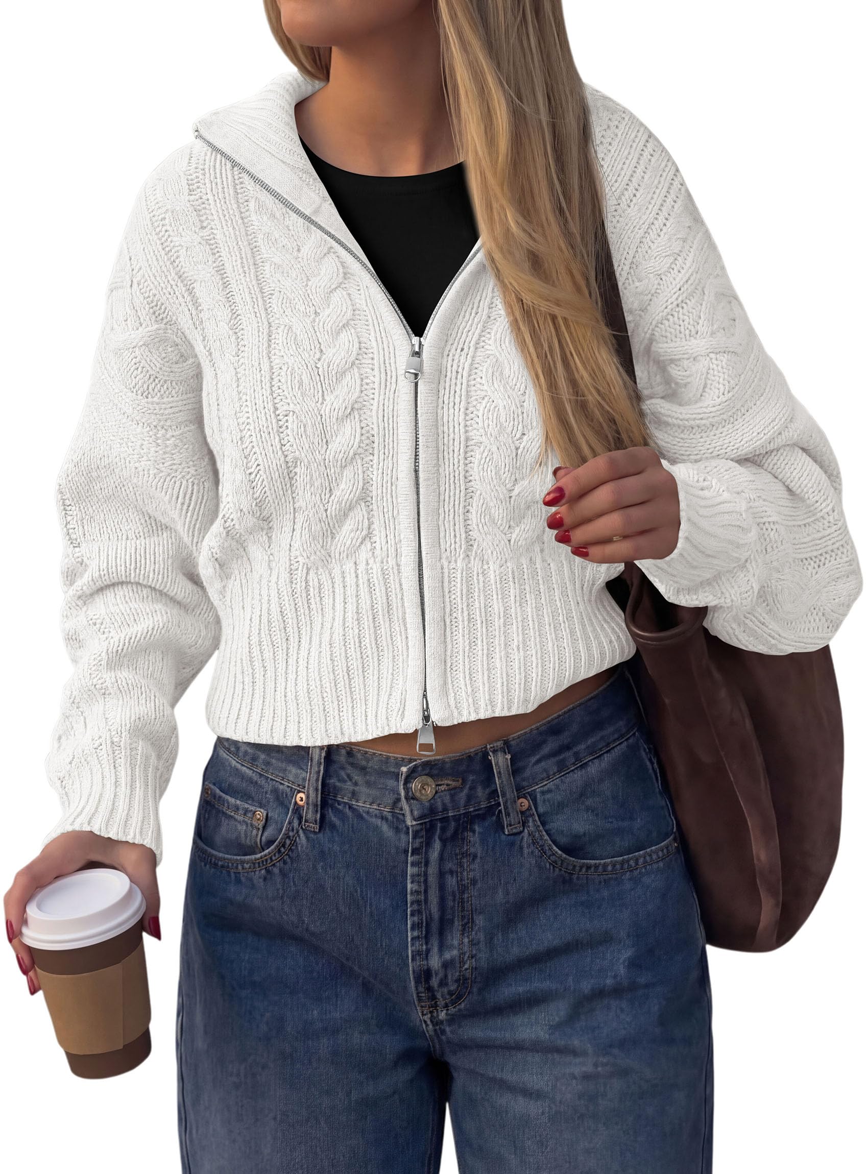 Women's Zip Up Cardigan Sweaters Cropped Jackets Fall Outfits
