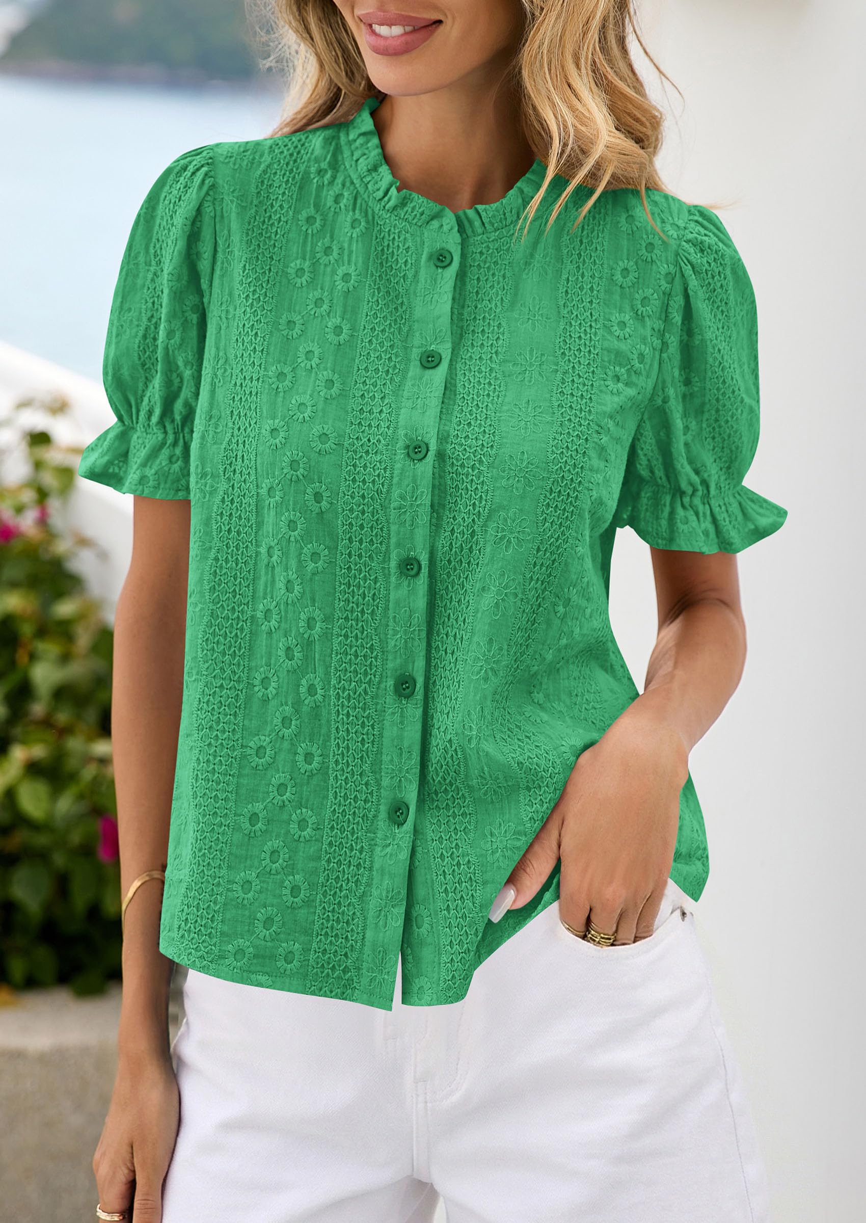Womens Embroidered Puff Short Sleeve Tops,Green,S