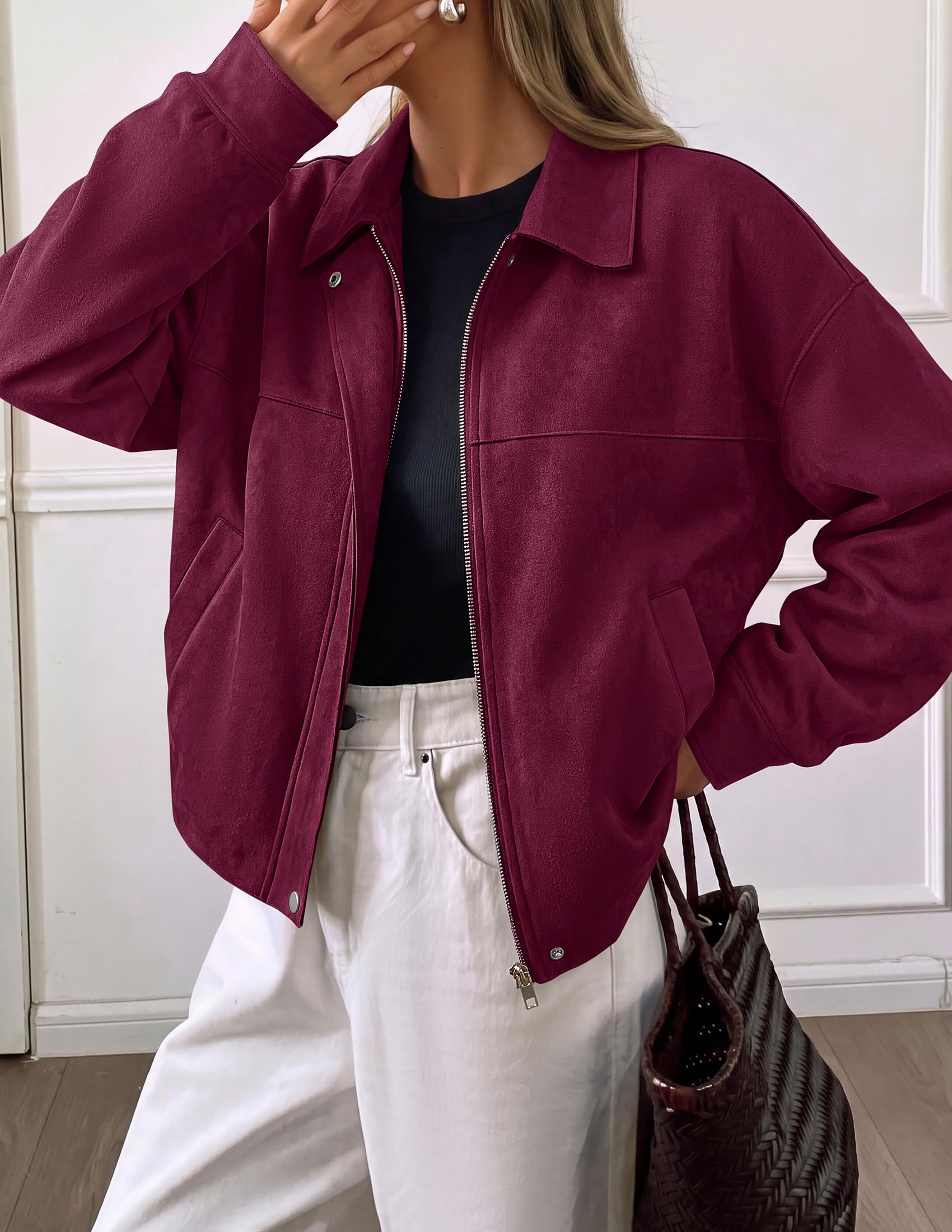 Women's Faux Suede Cropped Fall Jackets,Wine Red,S