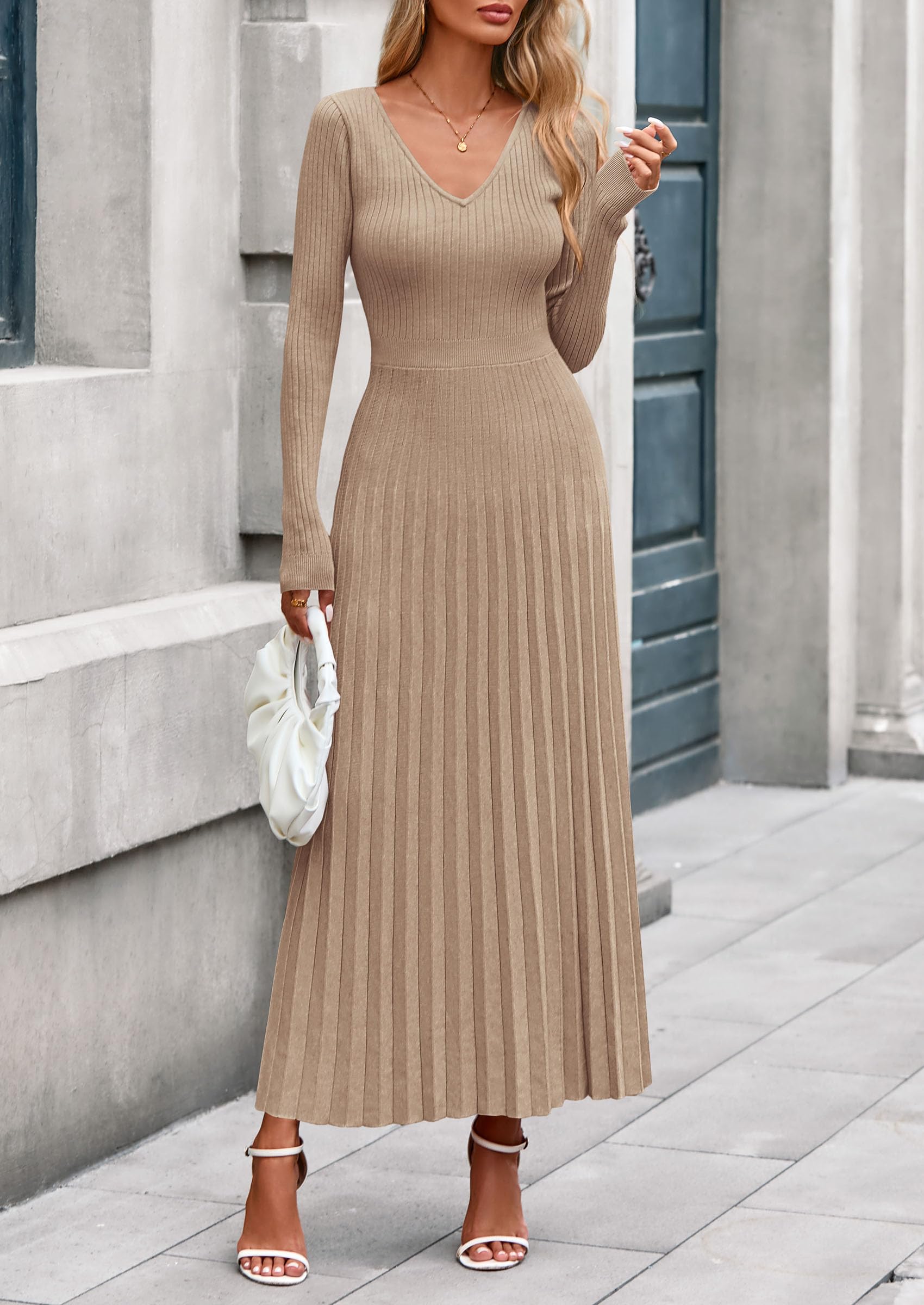 Sweater Dress Women Long Sleeve Maxi Flowy Pleated Dresses