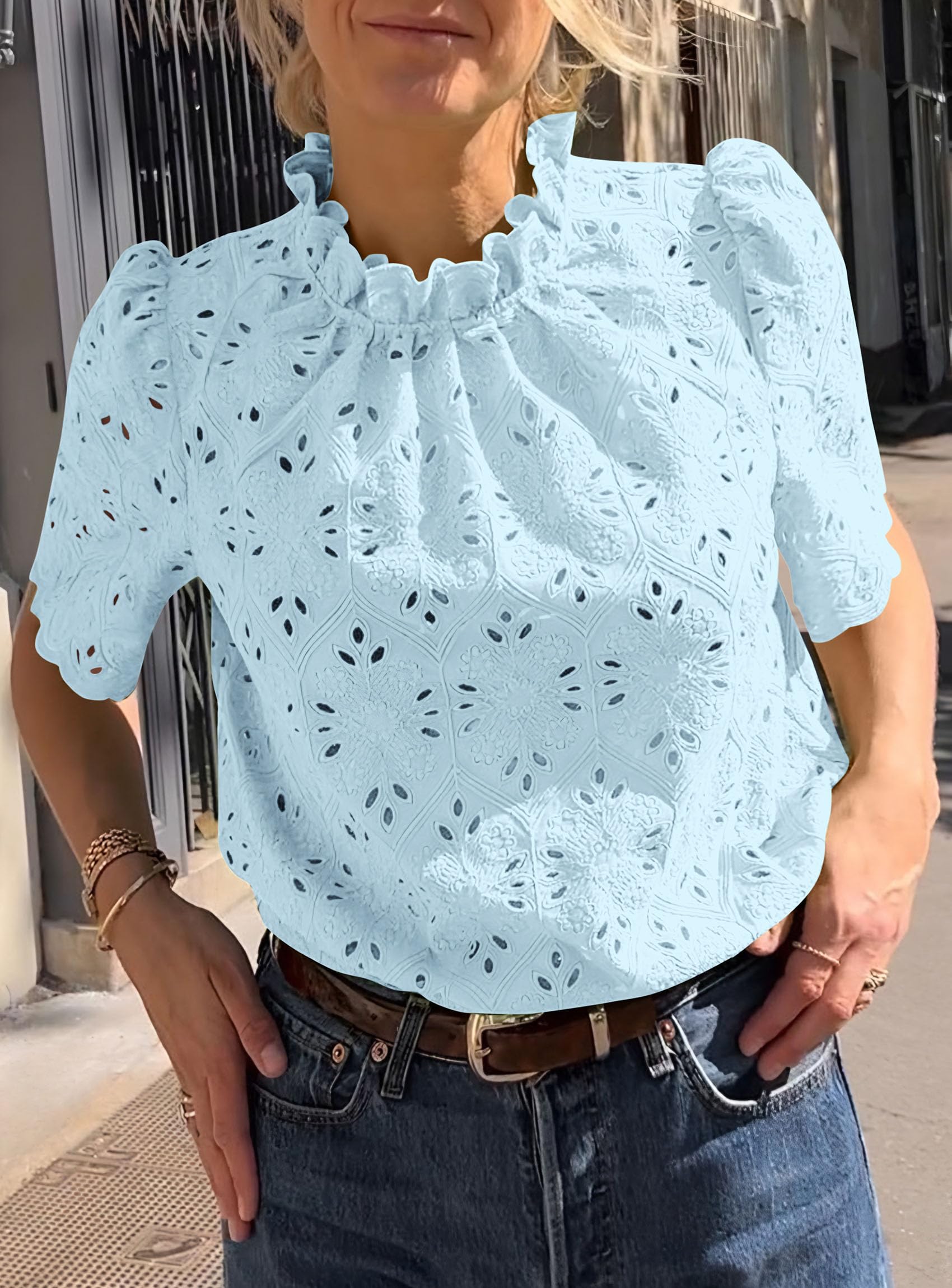 Women Summer Tops Eyelet Embroidered Shirts,Light Blue,XS