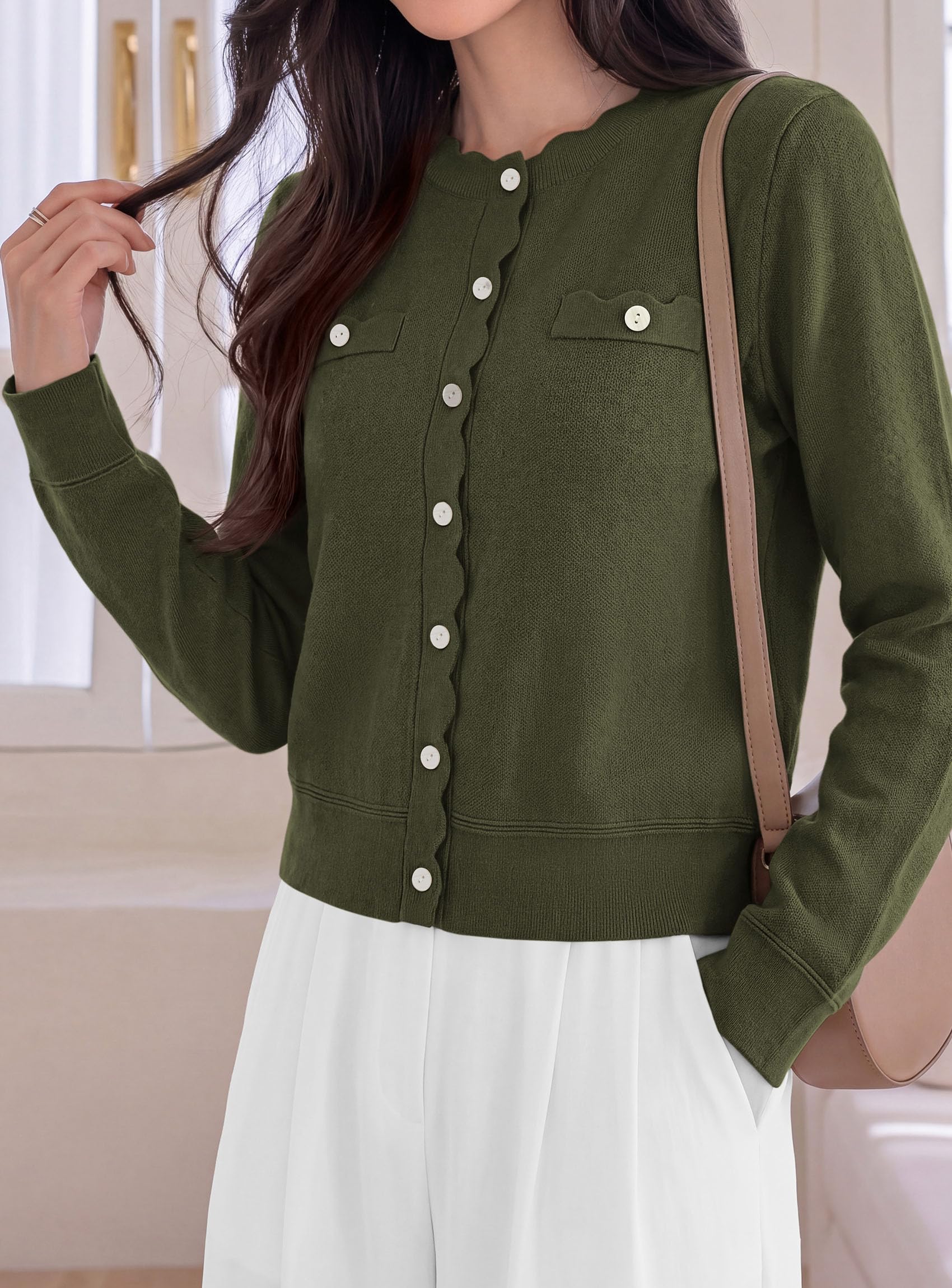 Womens Lightweight Cardigan Sweaters Scalloped Trim Fall Tops