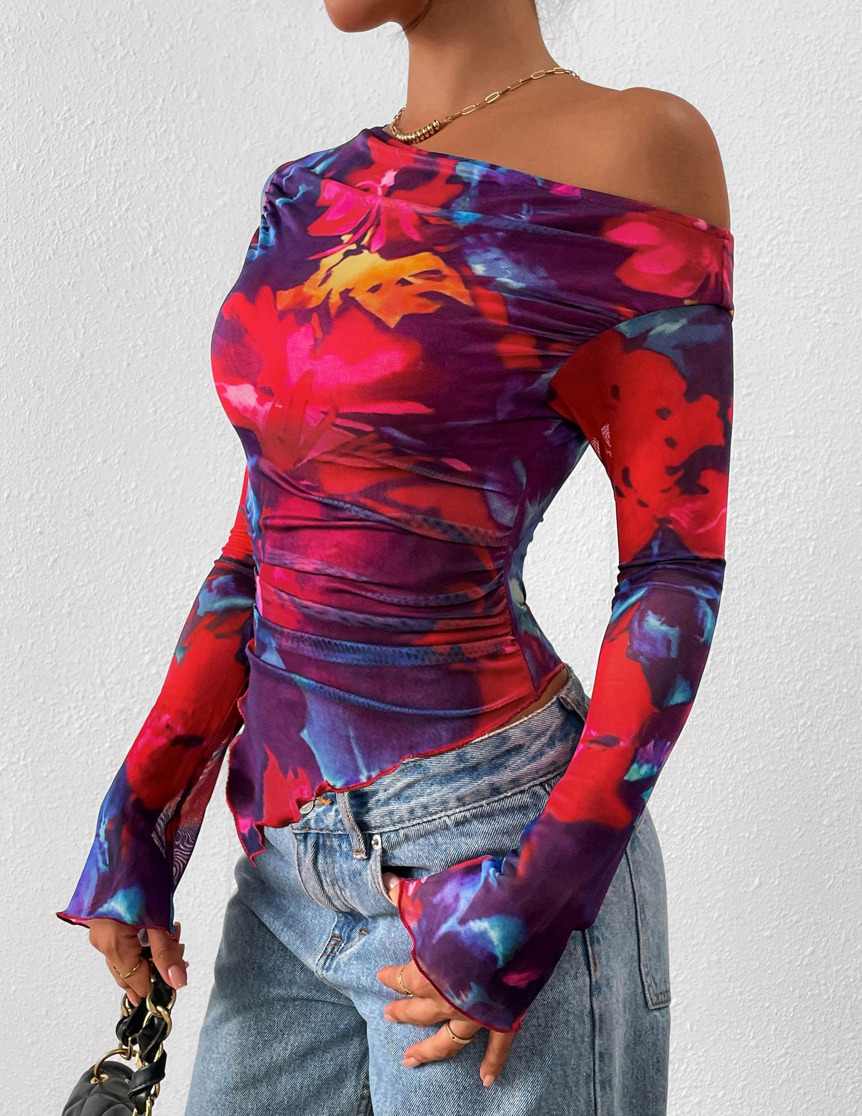 Womens Off Shoulder Mesh Y2k Tops,Floral Navy Red,XS