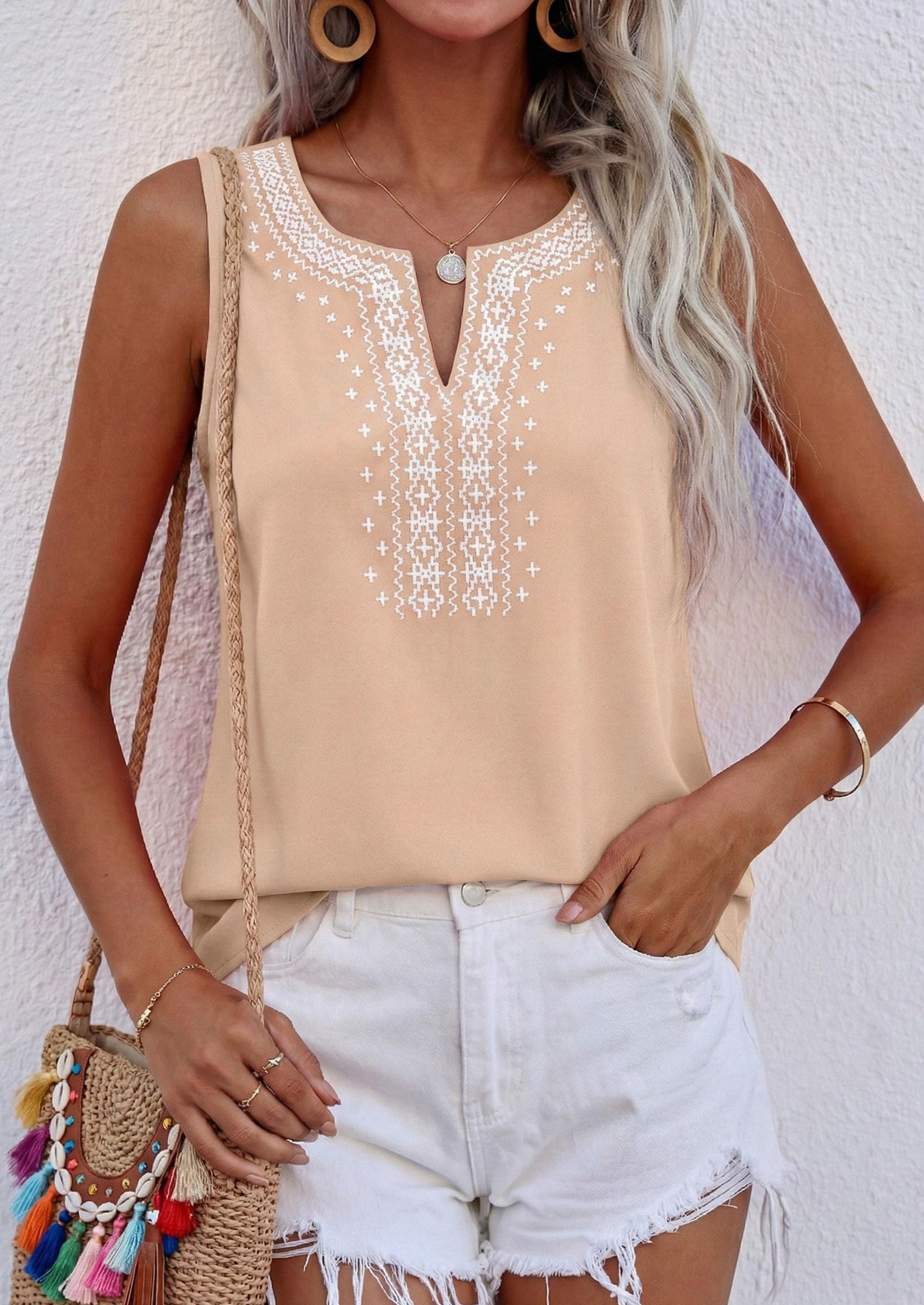 Womens Embroidered Sleeveless Tank Tops Beige,L