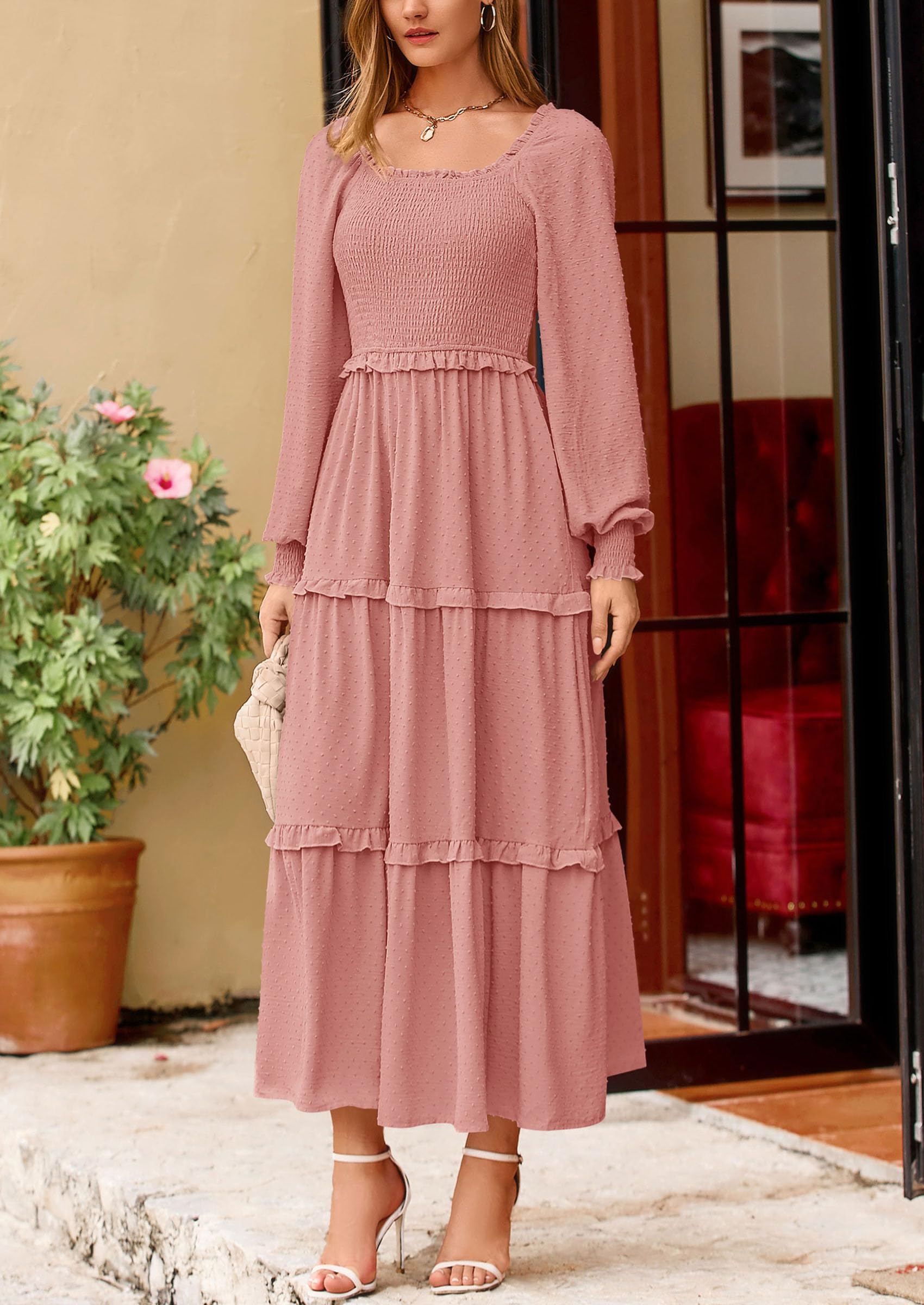 Women's Smocked Long Sleeve Maxi Dress Wedding Guest Dresses