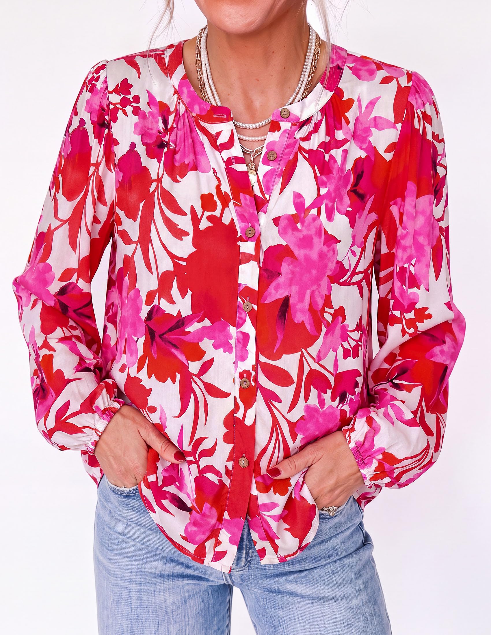Women's Boho Tops Fall Long Sleeve Button Down Floral Blouses