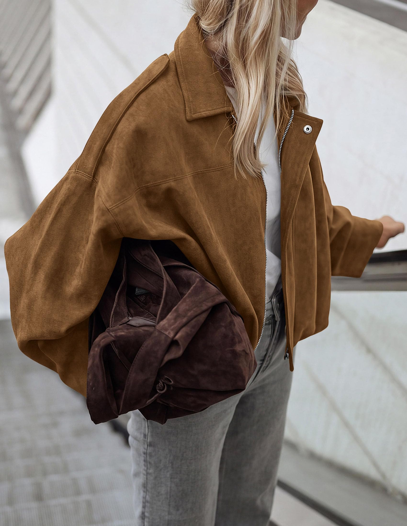 Faux Suede Jacket Women Fall Cropped Western Bomber Jacket