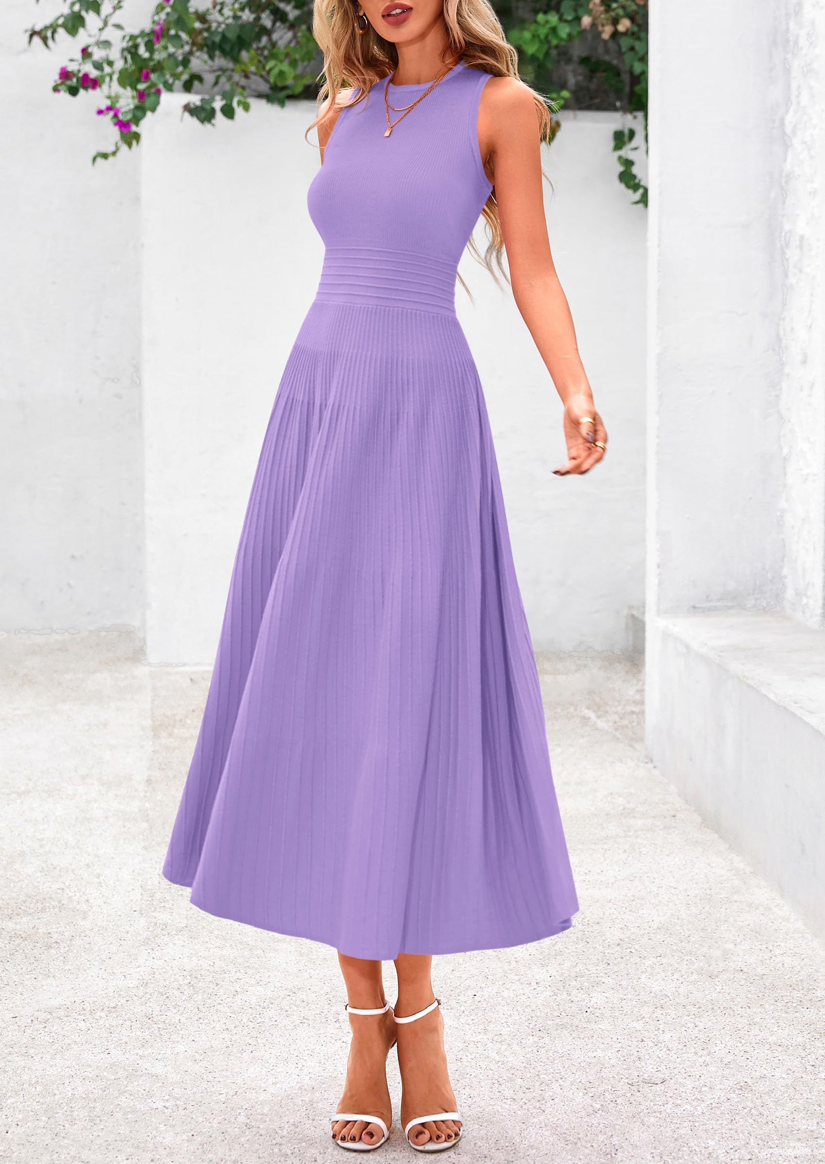 Women's Summer Pleated Midi Work Dress,Purple,S