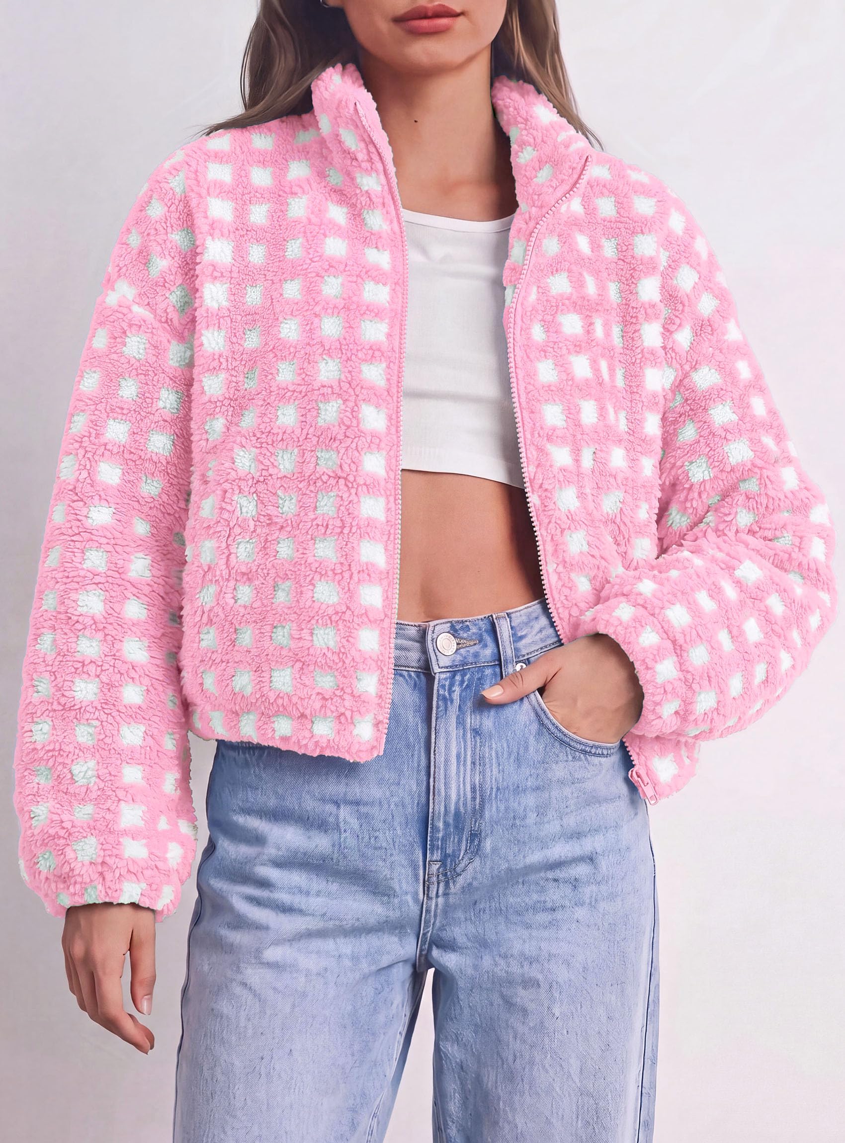 Women's Gingham Sherpa Fleece Jacket Plaid Cropped Teddy Coat