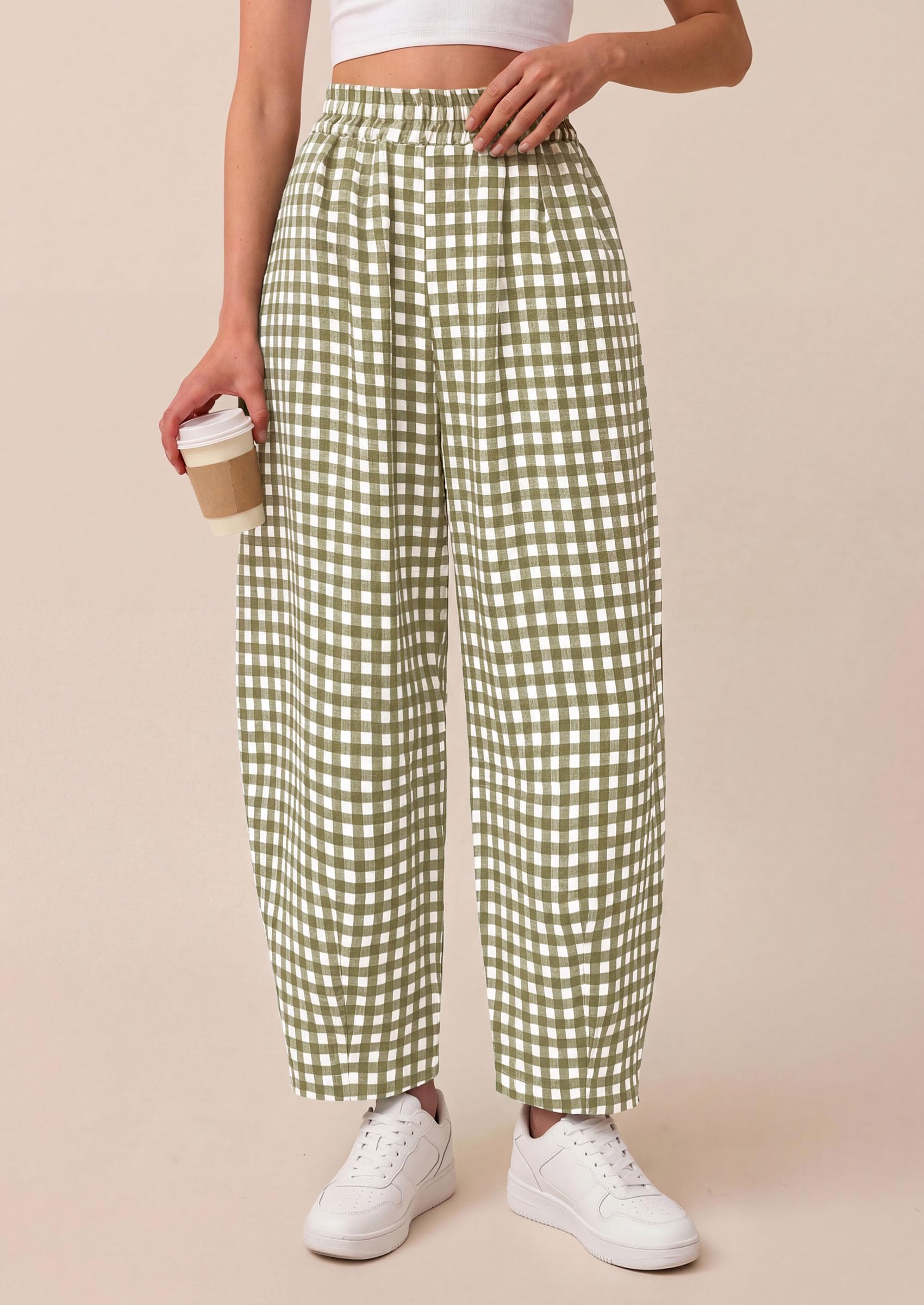 Plaid Barrel Pants Women Summer Bottoms, Army Green Plaid,S