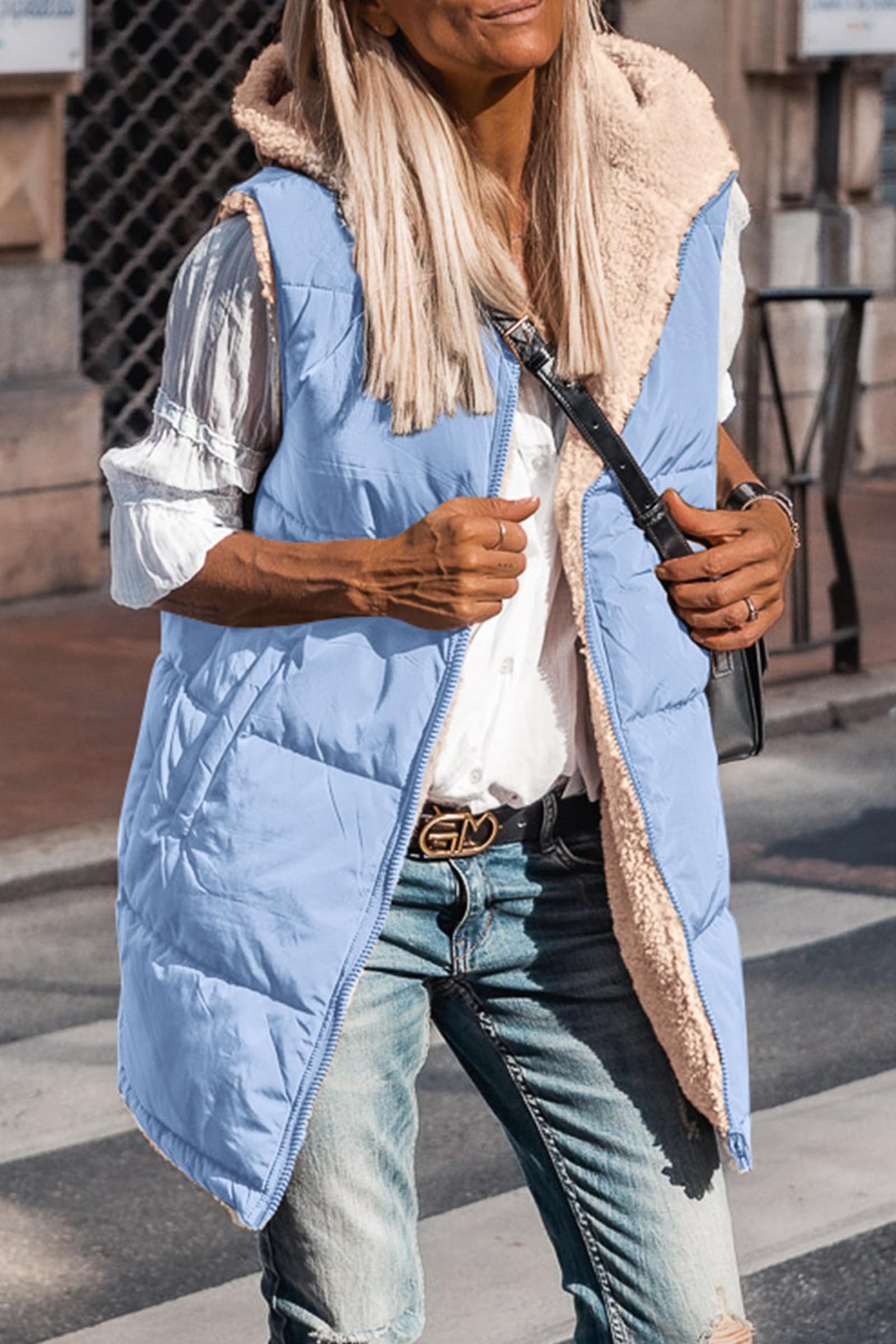 Women's Winter Reversible Fleece Long Vests(Light Blue,S)