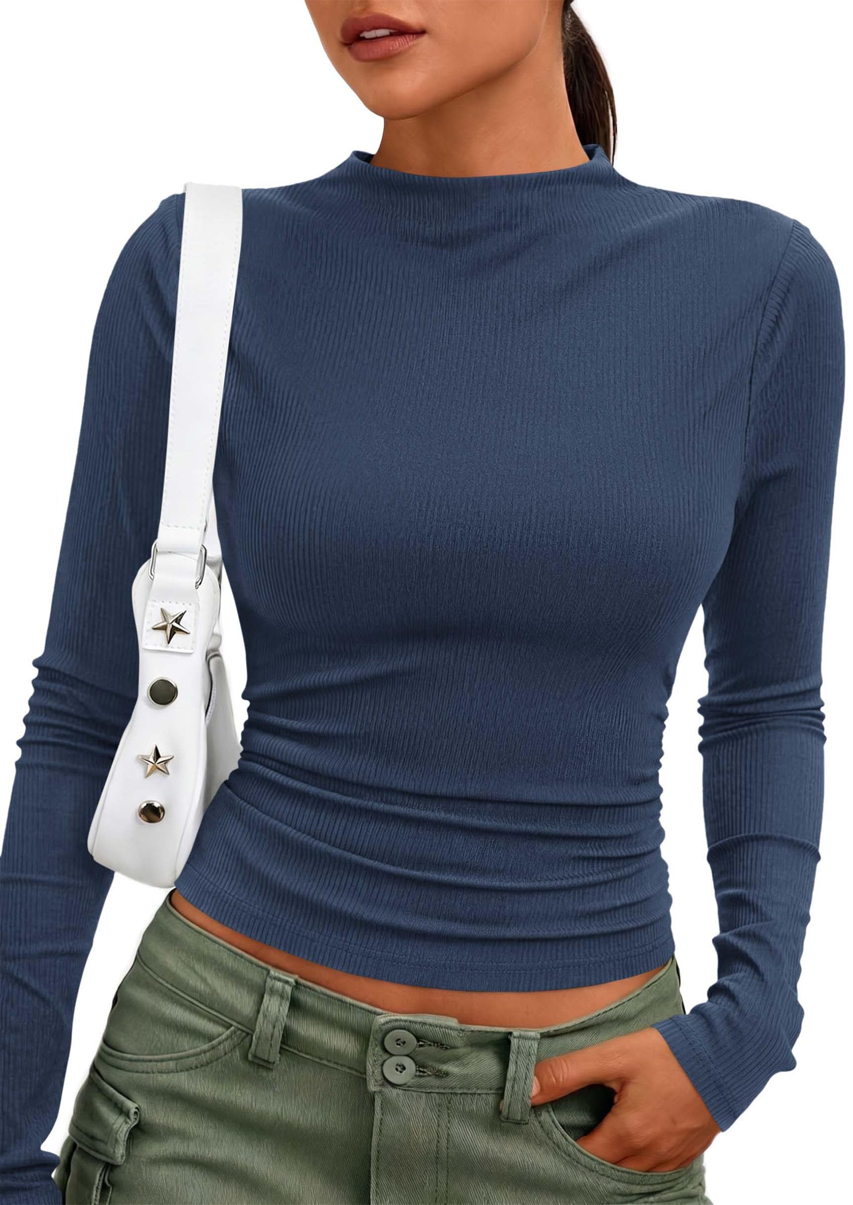 Womens Tops Casual Mock Neck Long Sleeve Shirts,Royal Blue,S
