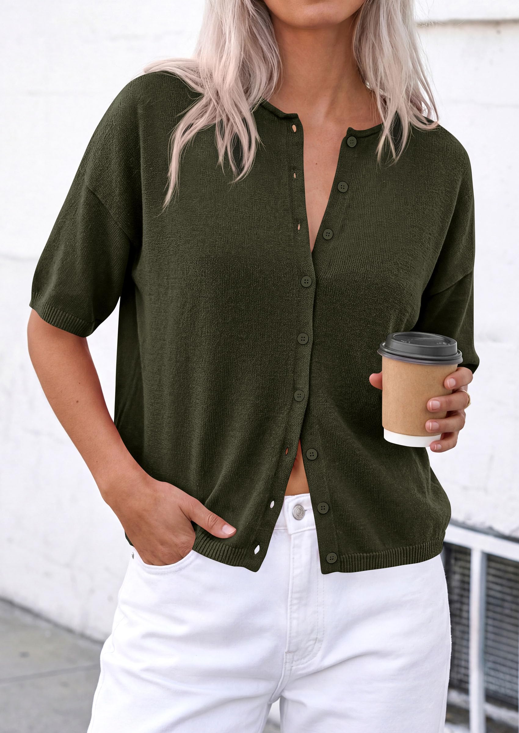 Women's Short Sleeve Cardigan Sweaters (Army Green,Small)