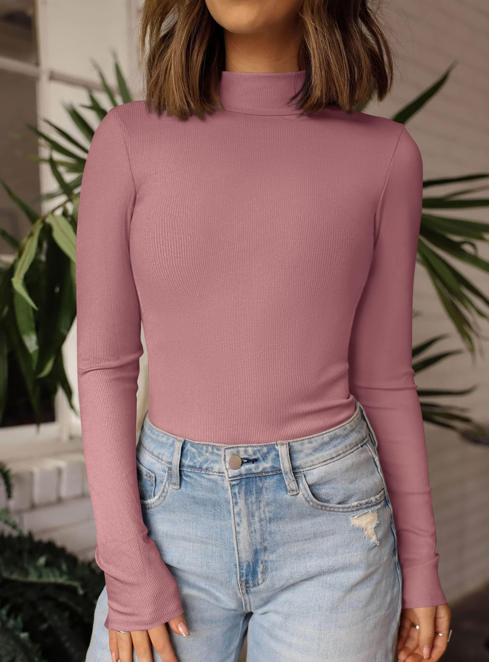 Womens Mock Turtleneck Fall Long Sleeve Shirts,Grey Pink,XS