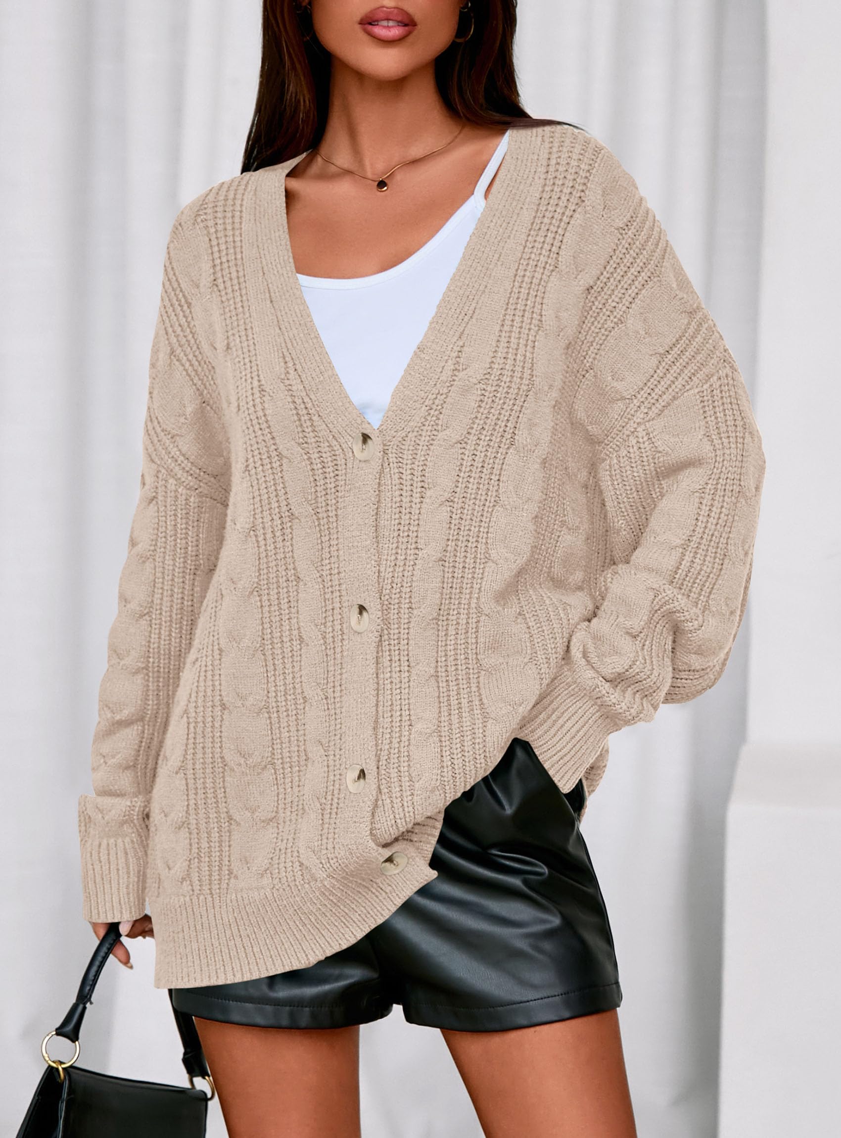 Womens Chunky Cardigan Sweaters 2025 Fall Oversized Cable Knit Long Sleeve Open Front Cardigans Winter Clothing (Apricot,Medium)