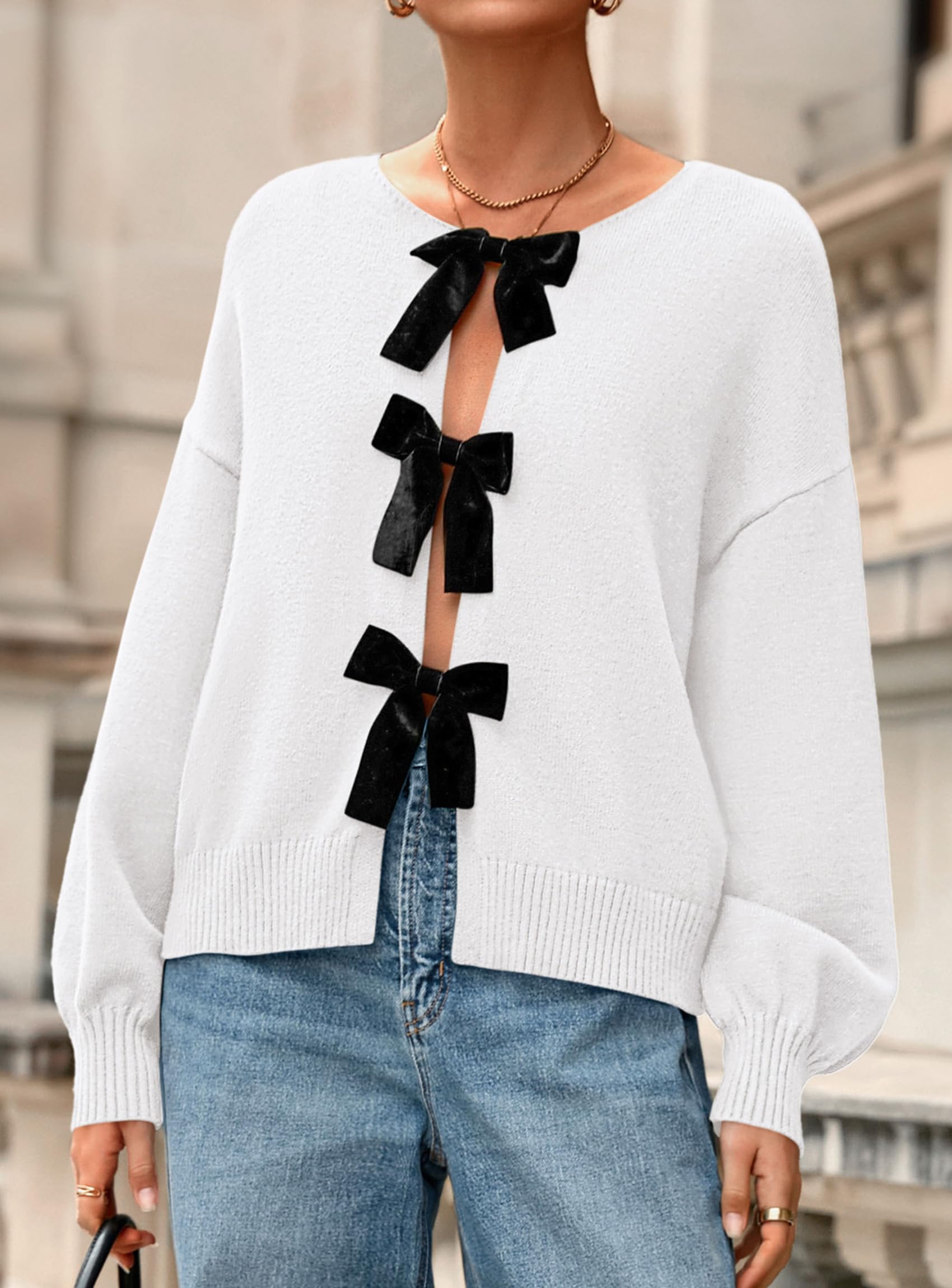 Women's Fall Bow Tie Front Cardigan Sweaters,White,S
