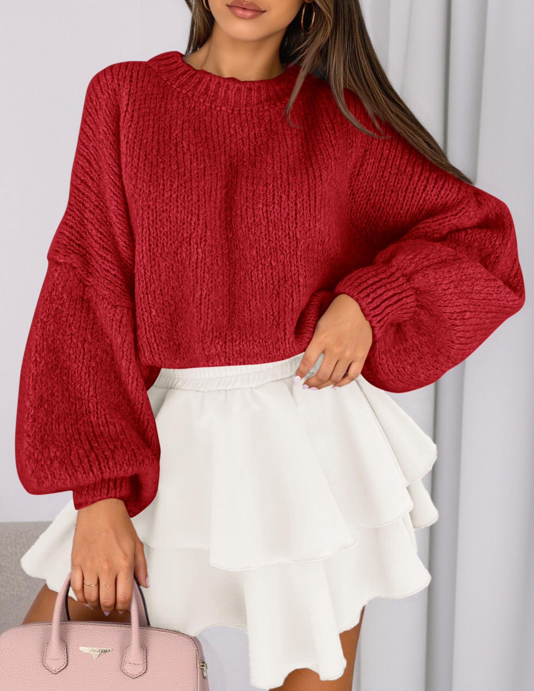Women's Chunky Knit Oversized Pullover Sweaters,Red,S
