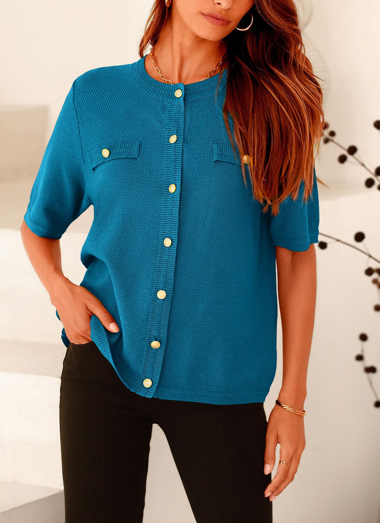 Women's Summer Casual Button Down Shirts Cyan,Small