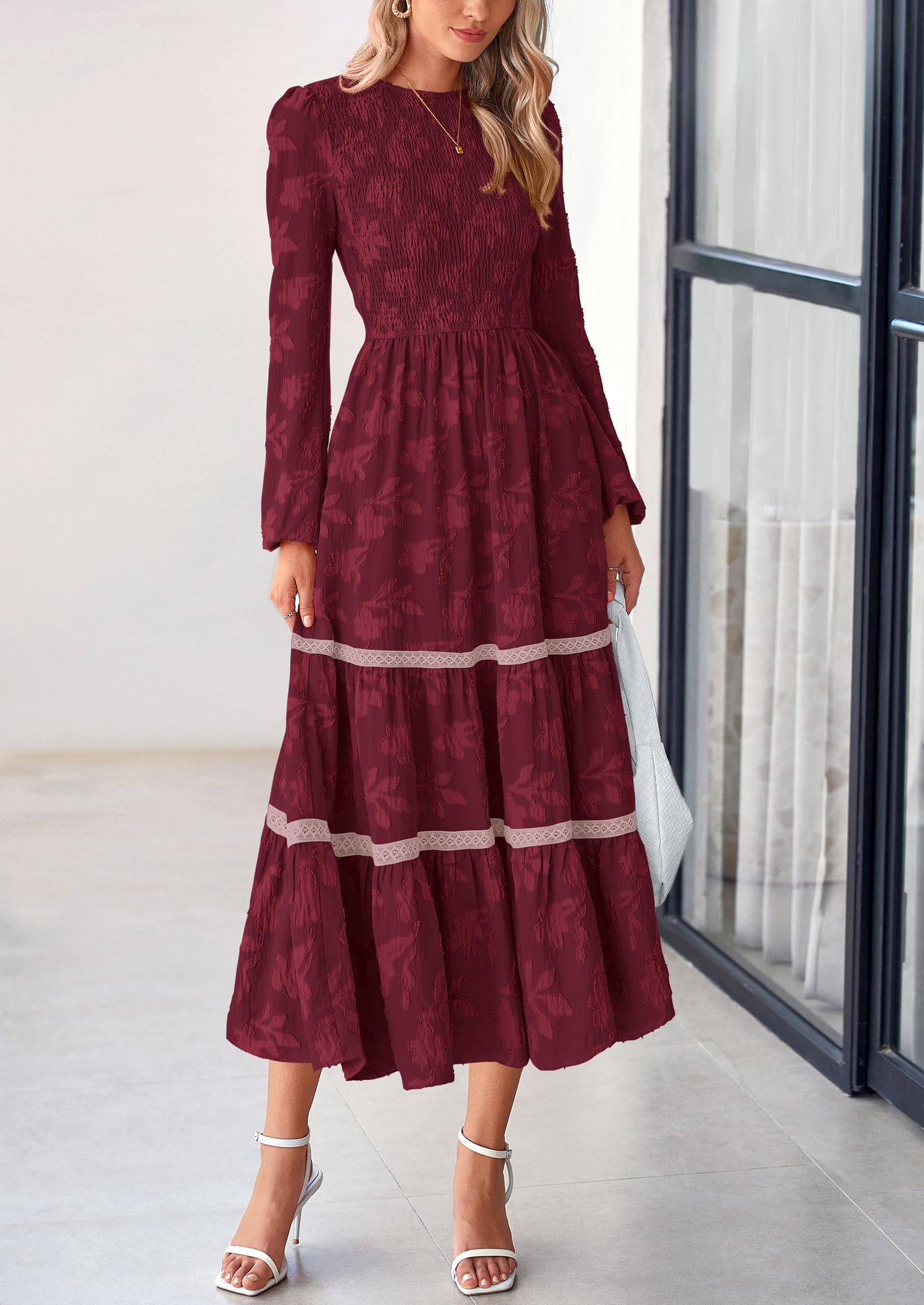 Women's Long Sleeve Boho Floral Midi Dress, Wine Red,S