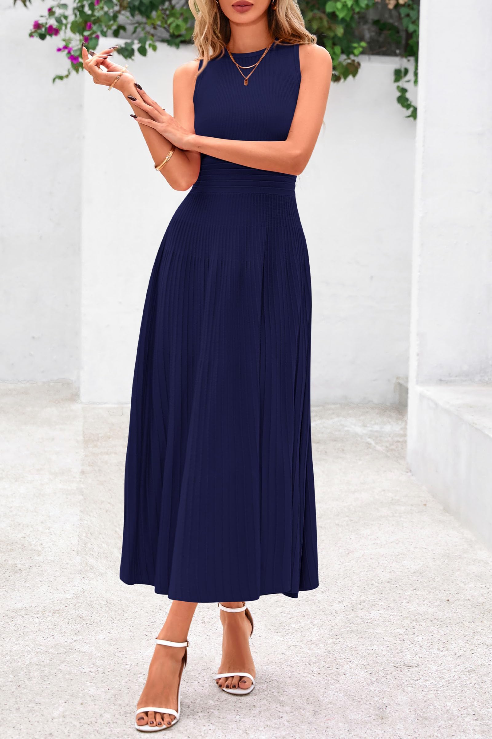 Women's Summer Pleated Midi Work Dress,Navy,S