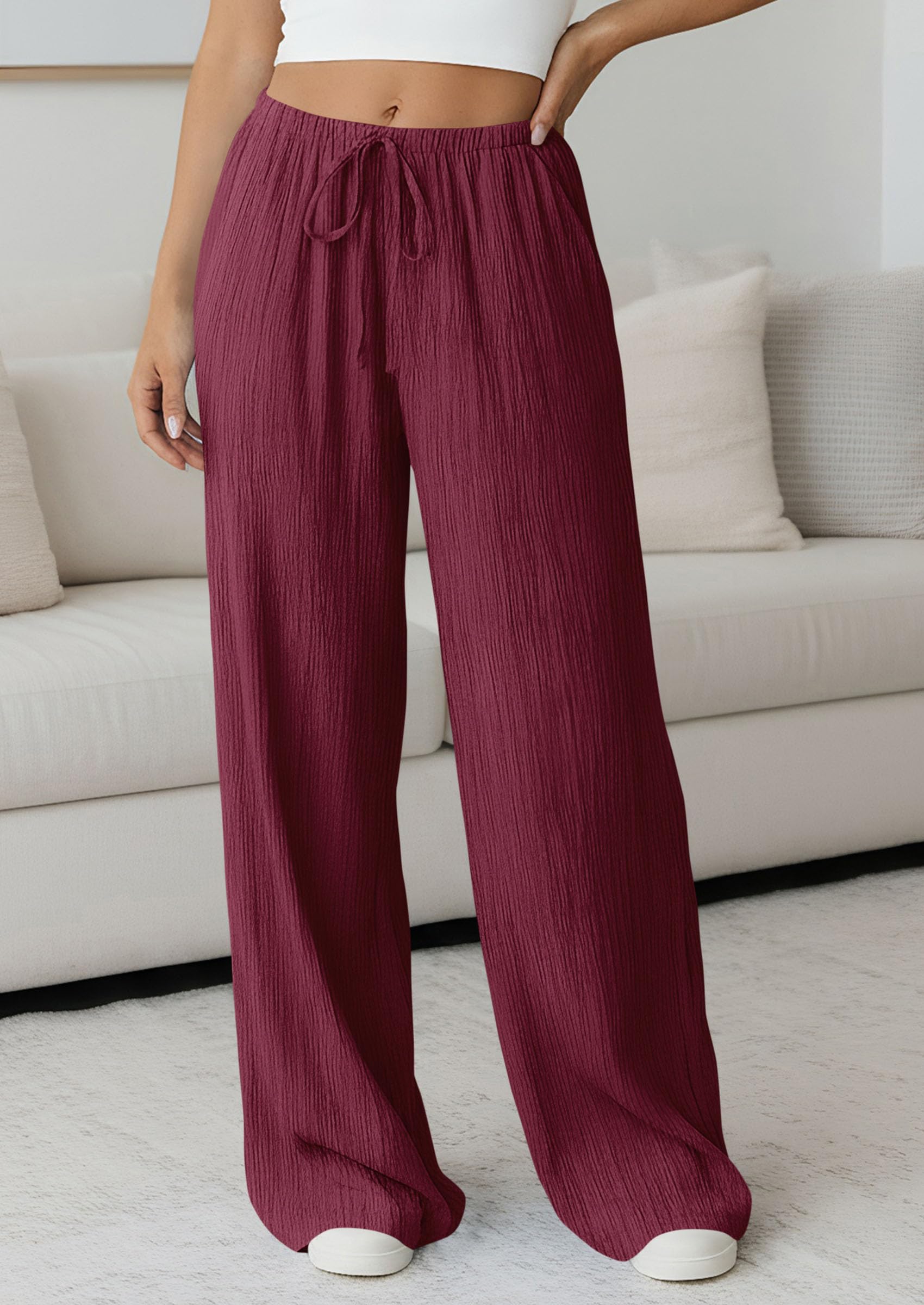 Women's Palazzo Pants Casual Wide Leg Trousers,Burgundy,S