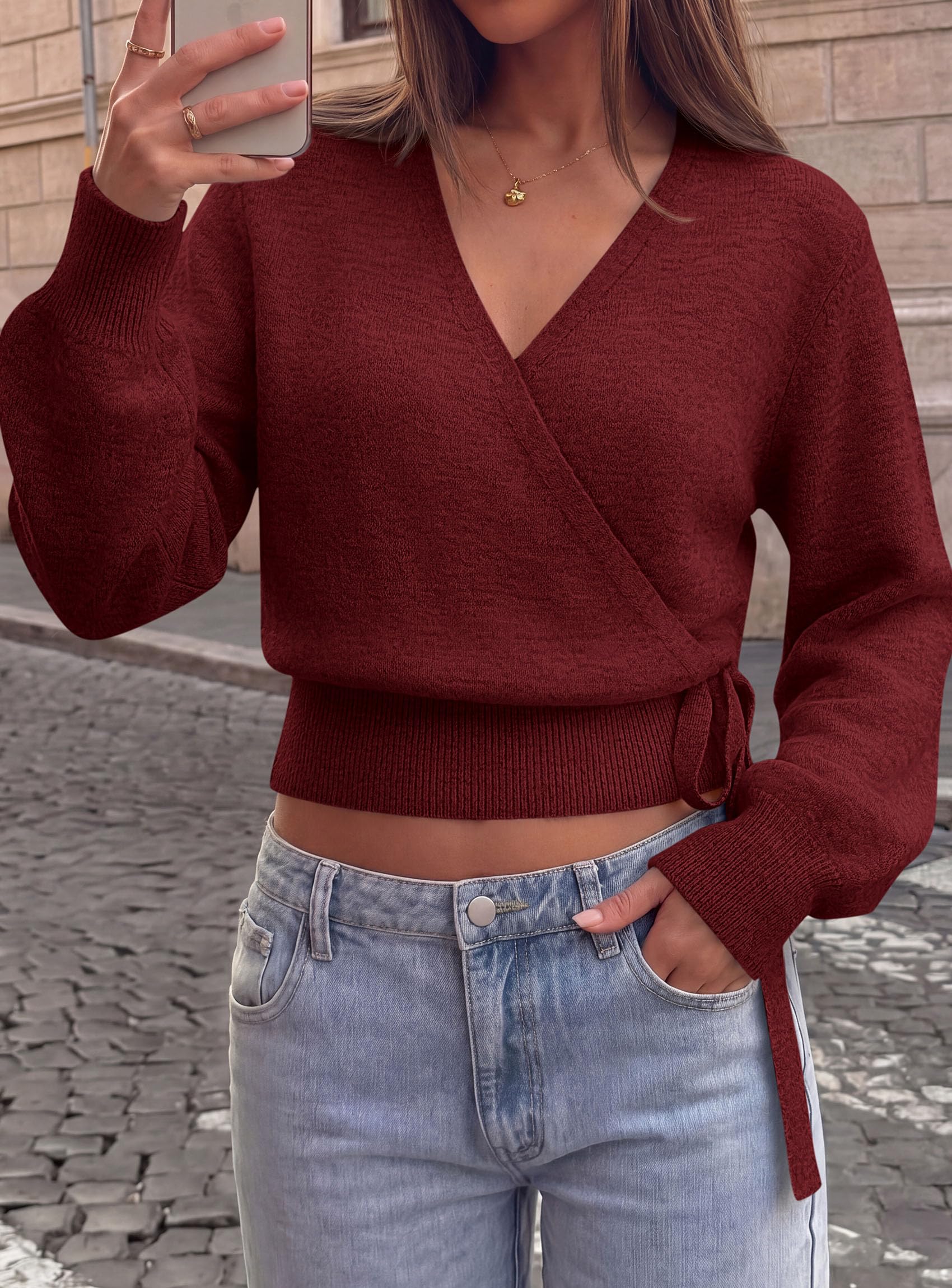 V Neck Wrap Sweaters for Women Fall Outifts Pullover Wine Red