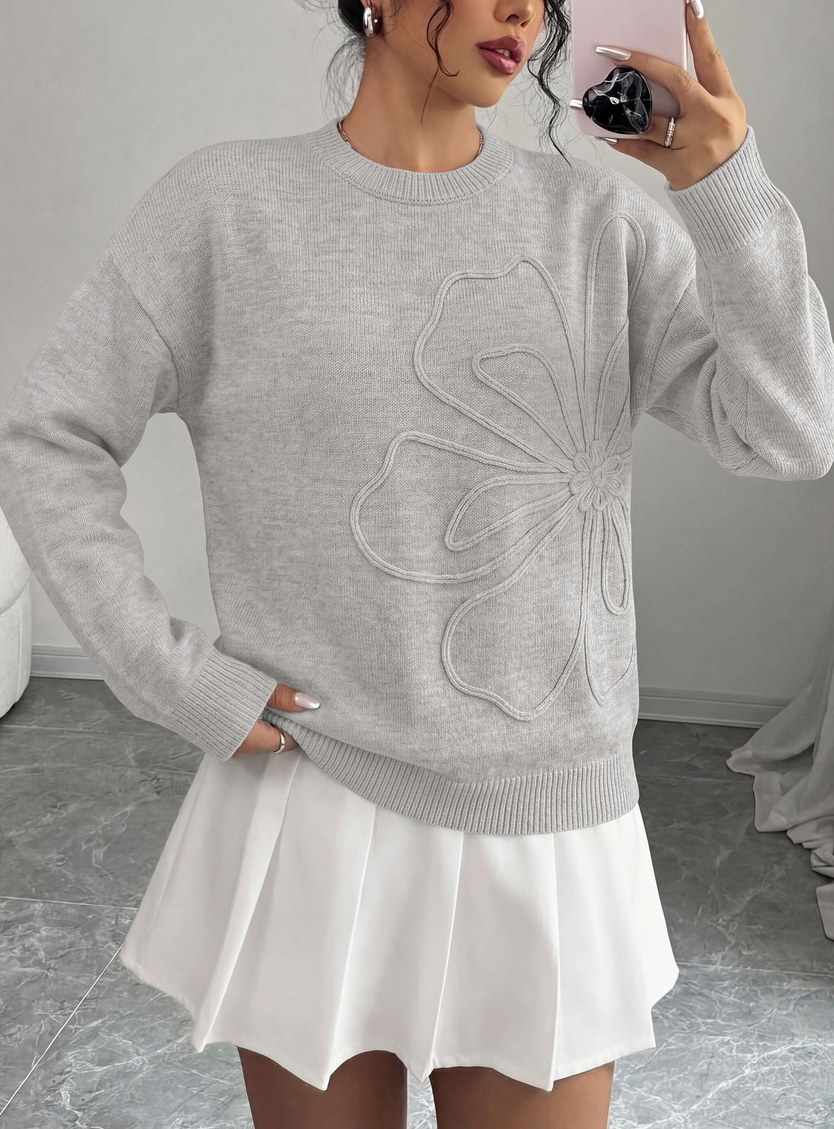 Sweaters for Women Fall Fashion Embroidered Floral Knit Tops