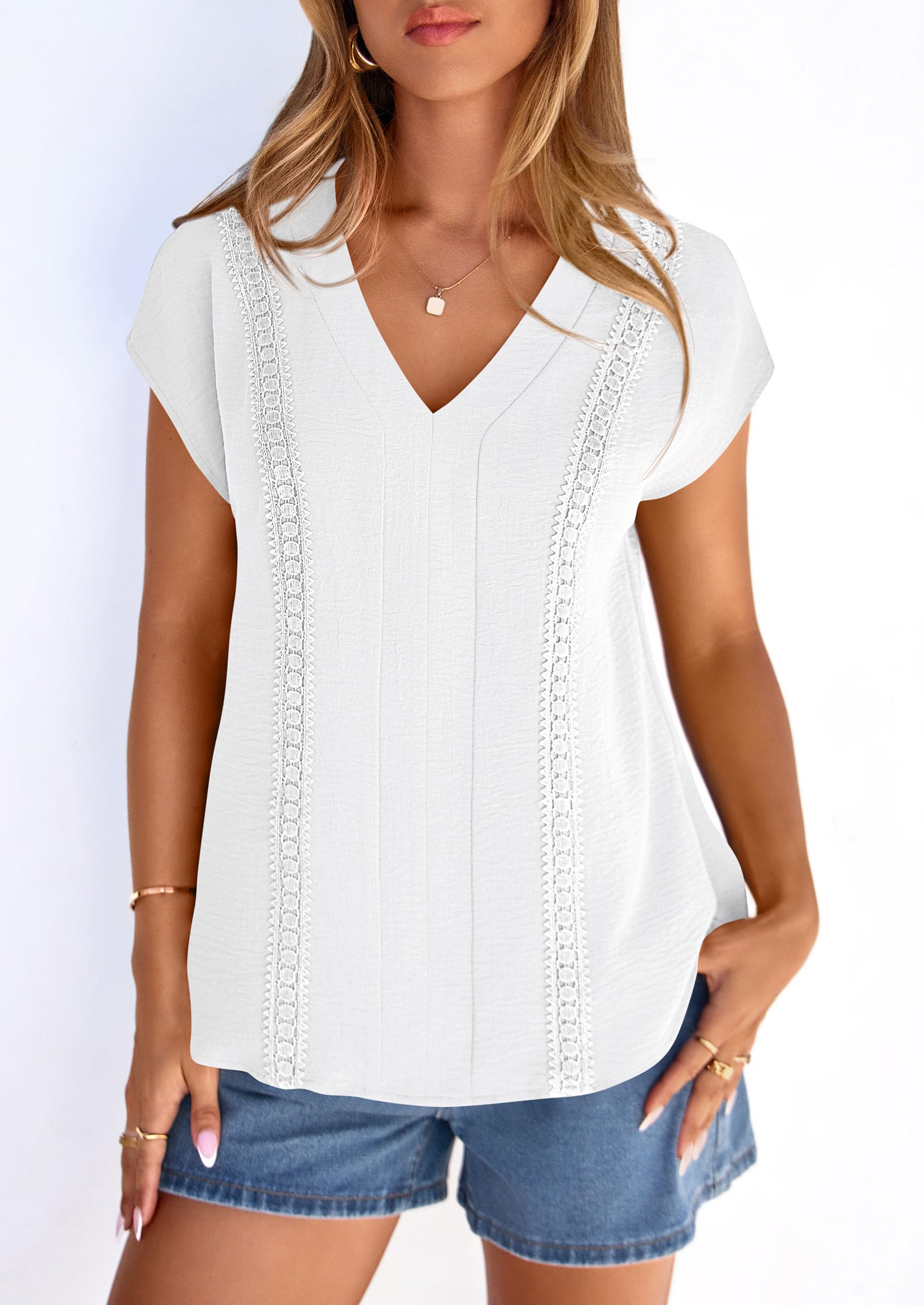 Blouses for Women Dressy Casual Spring 2026 Cap Sleeve V Neck Lace Trim Boho Tops Work Shirts Summer Clothes (White,Small)