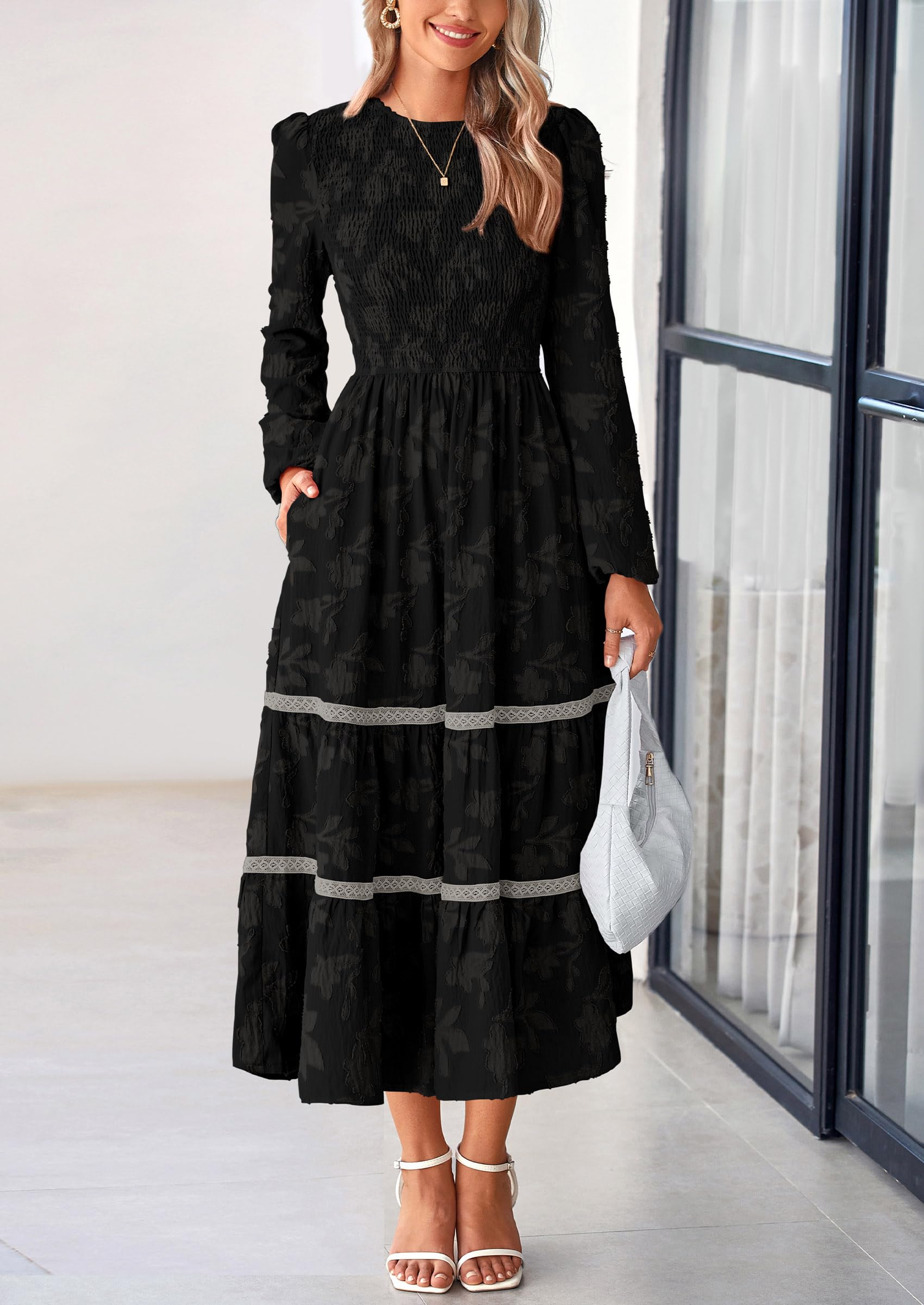 Women's Long Sleeve Boho Floral Midi Dress, Black,S