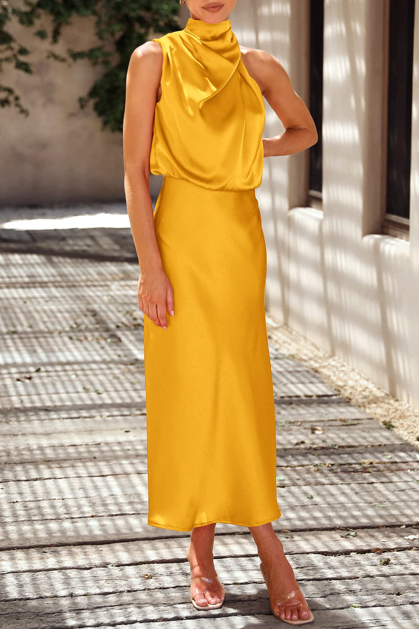 Women's Summer Satin Maxi Cocktail Dress Yellow