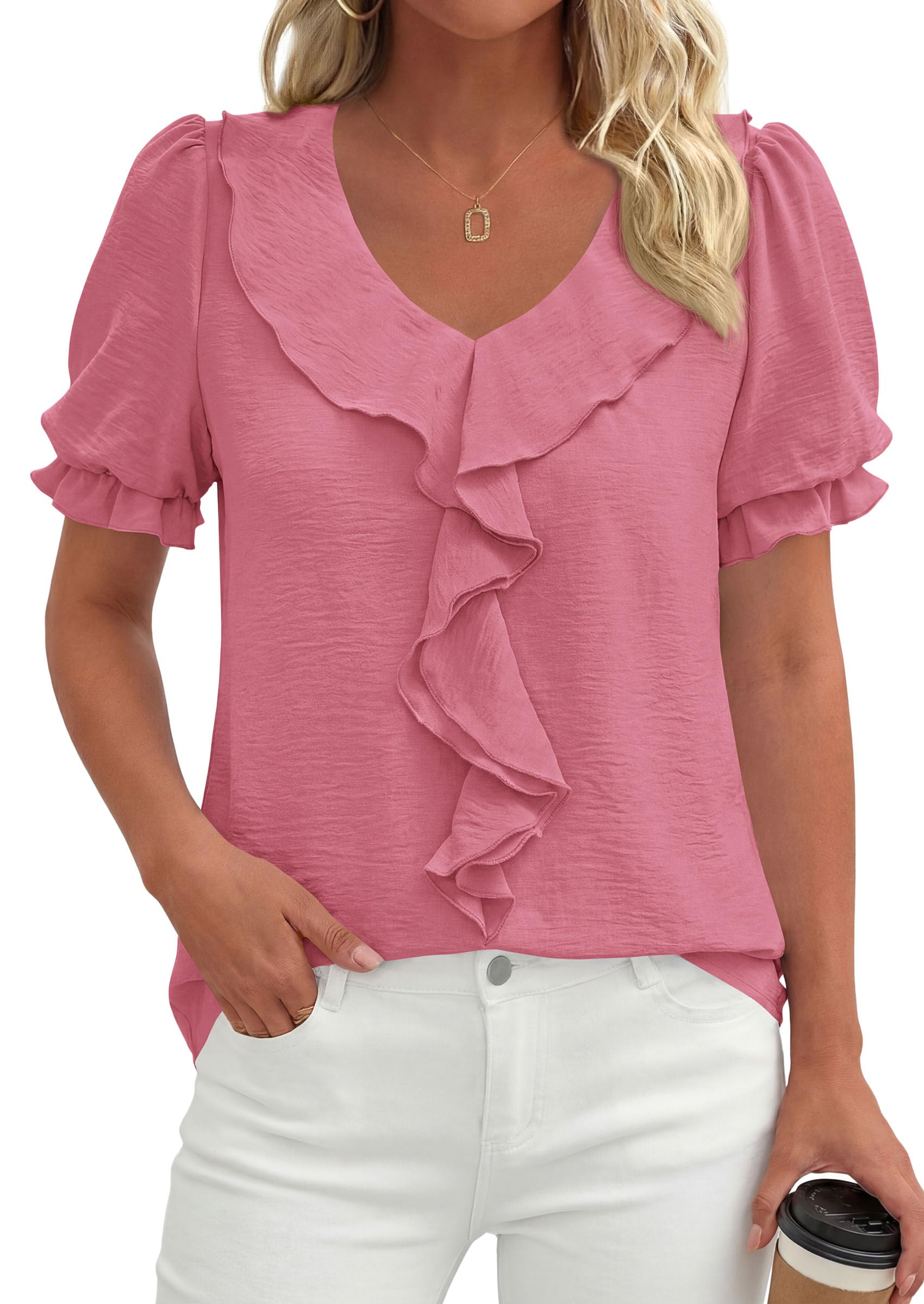 Women's Summer Ruffle Dressy Casual Blouses (Dark Pink,S)