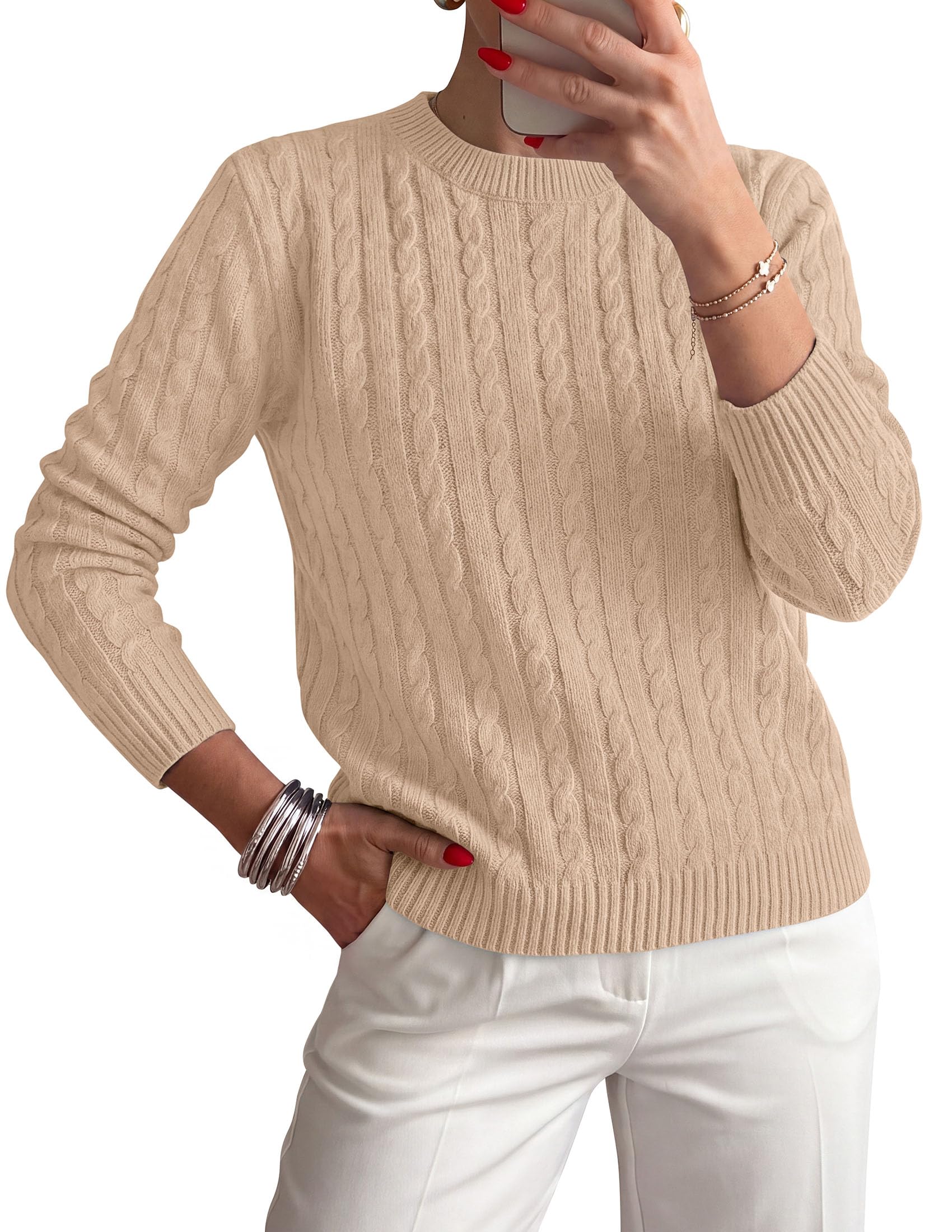 Womens Cable Knit Crewneck Fall Sweater Long Sleeve Tops 2026