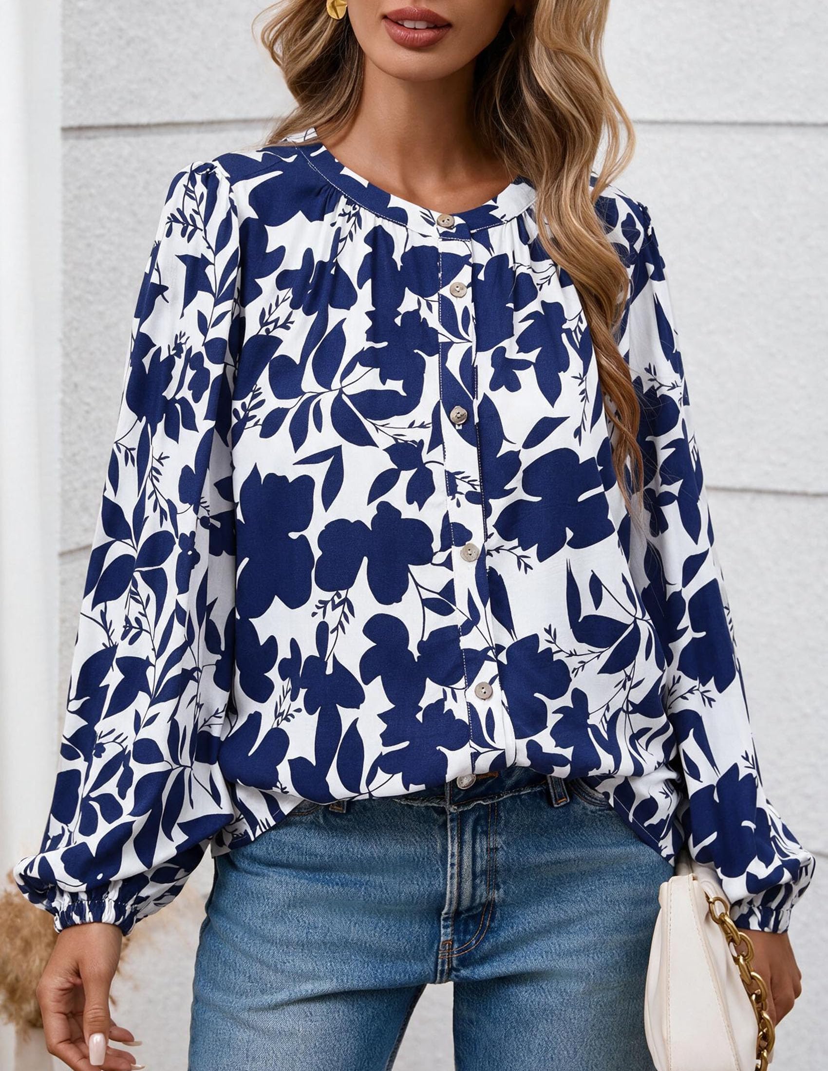 Women's Boho Tops Fall Long Sleeve Button Down Floral Blouses