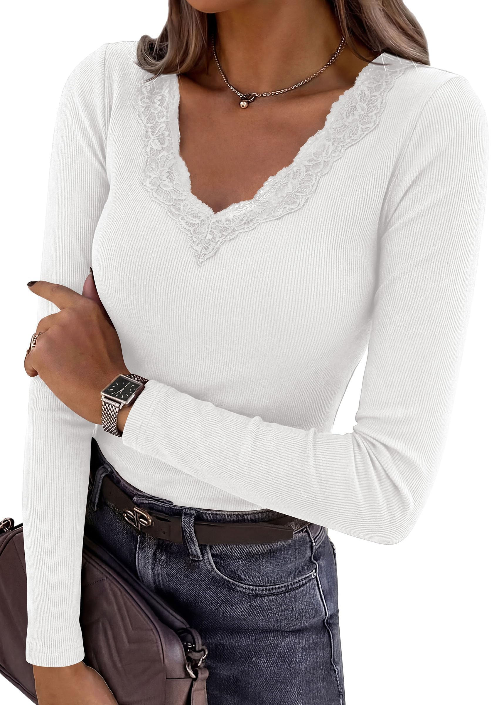 Women's Lace V Neck Long Sleeve Fitted T Shirts,White,S
