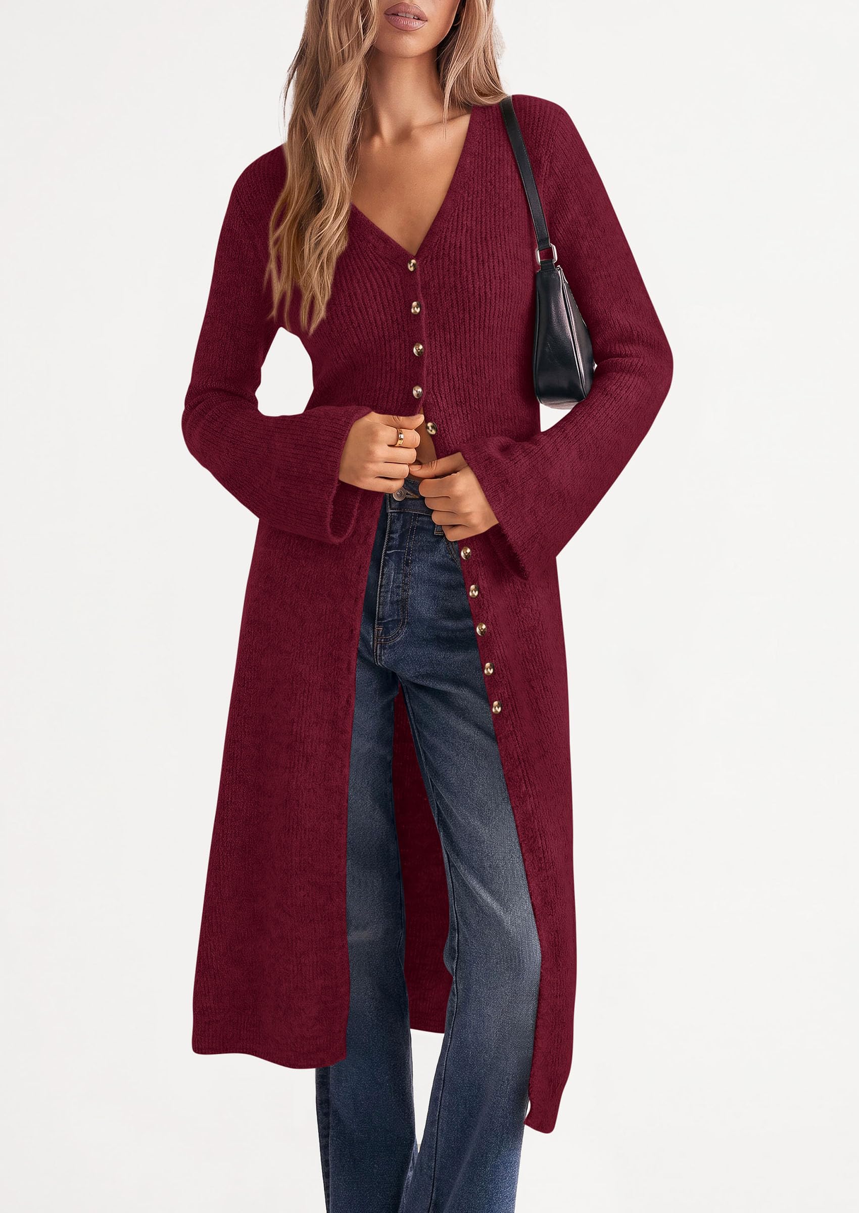 Women Long Cardigan Bell Sleeve Sweater Dress (Wine Red,S)