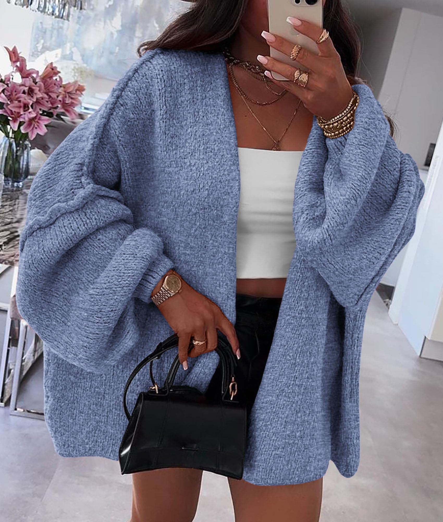 Womens Open Front Oversized Cardigan Sweaters,Haze Blue,XS