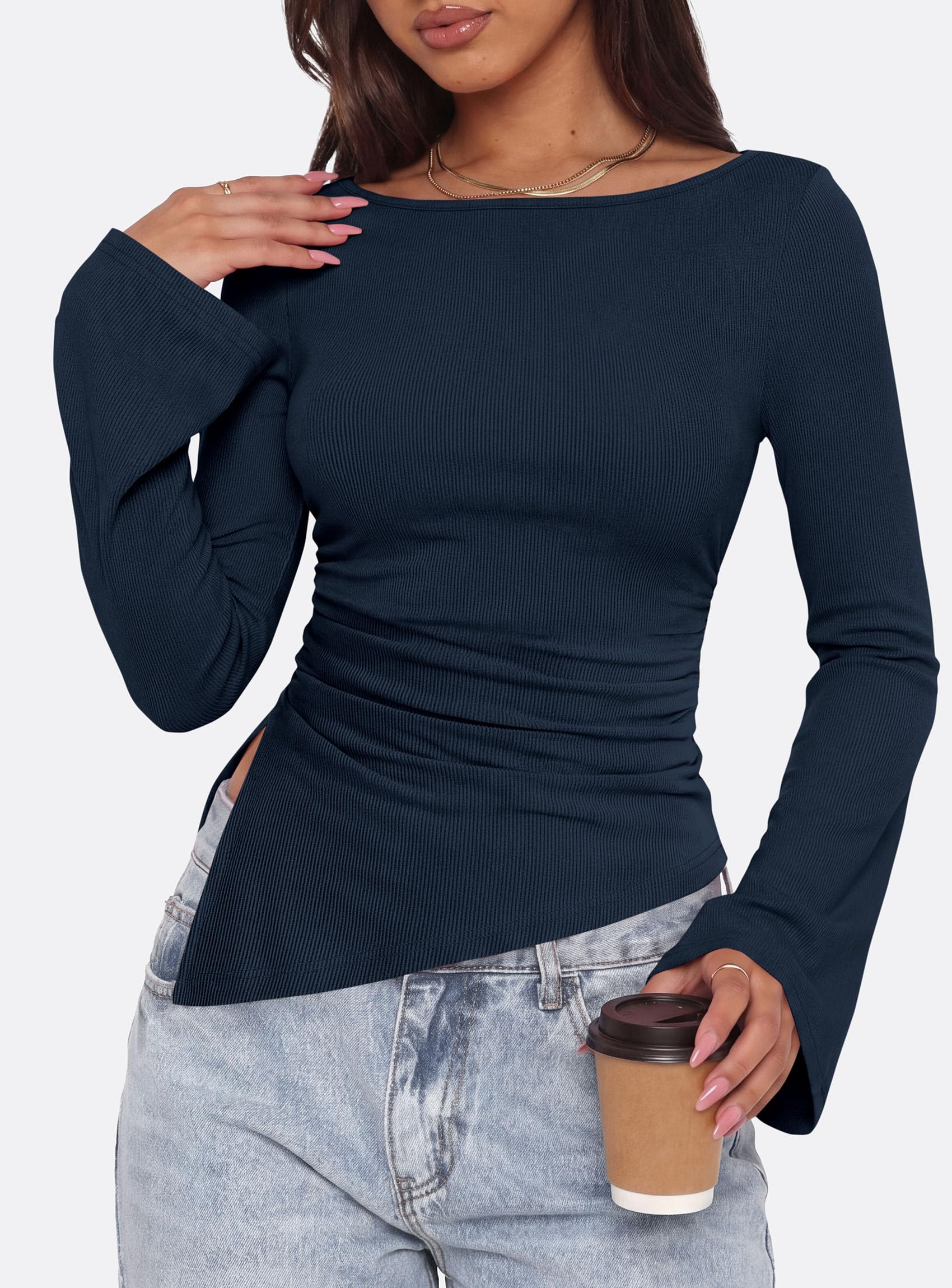 Womens Bell Long Sleeve Boat Neck Asymmetrical Tops Navy,XS