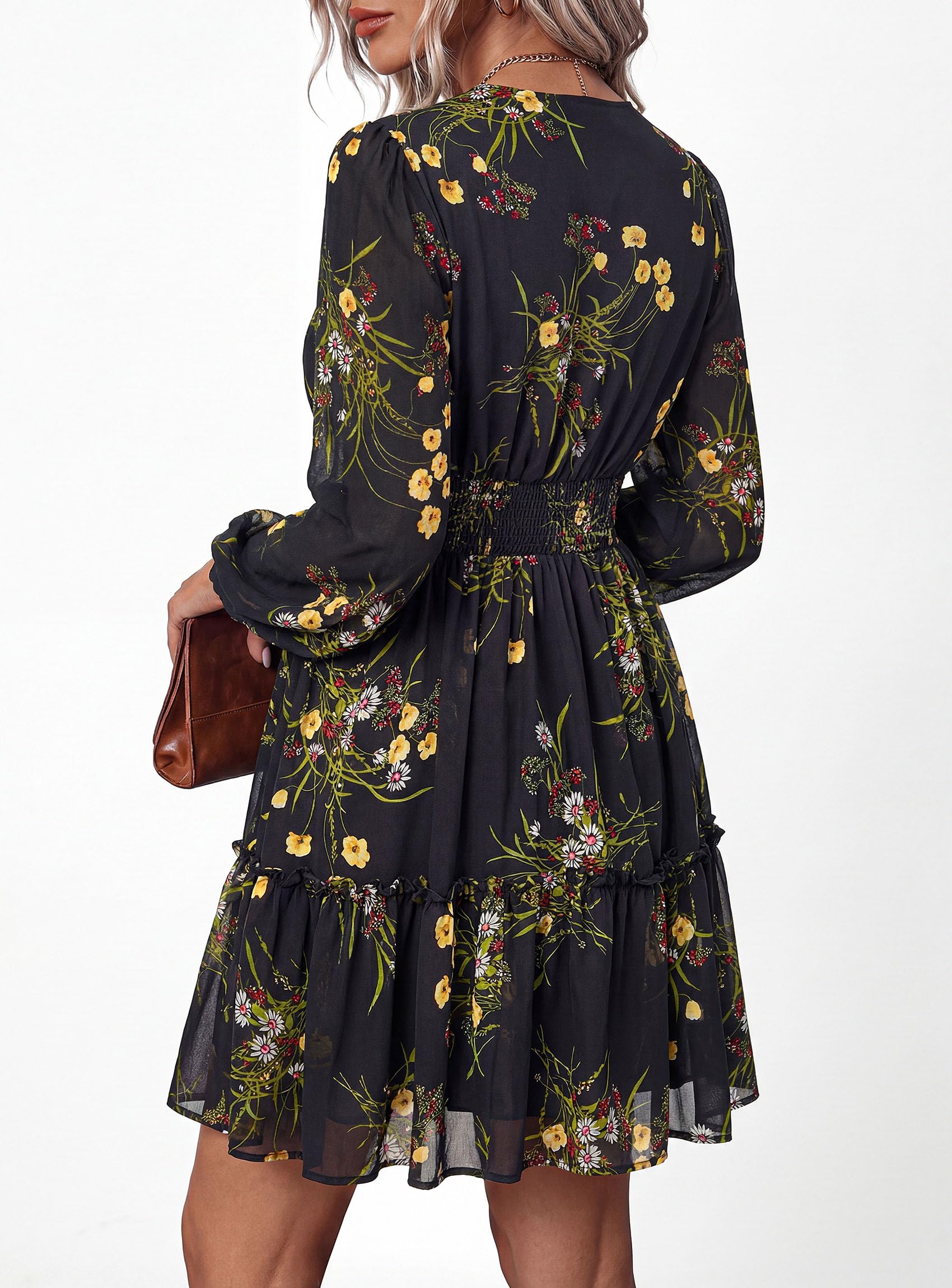 Women Floral Long Sleeve Mini Dress Fall Wedding Guest Dresses