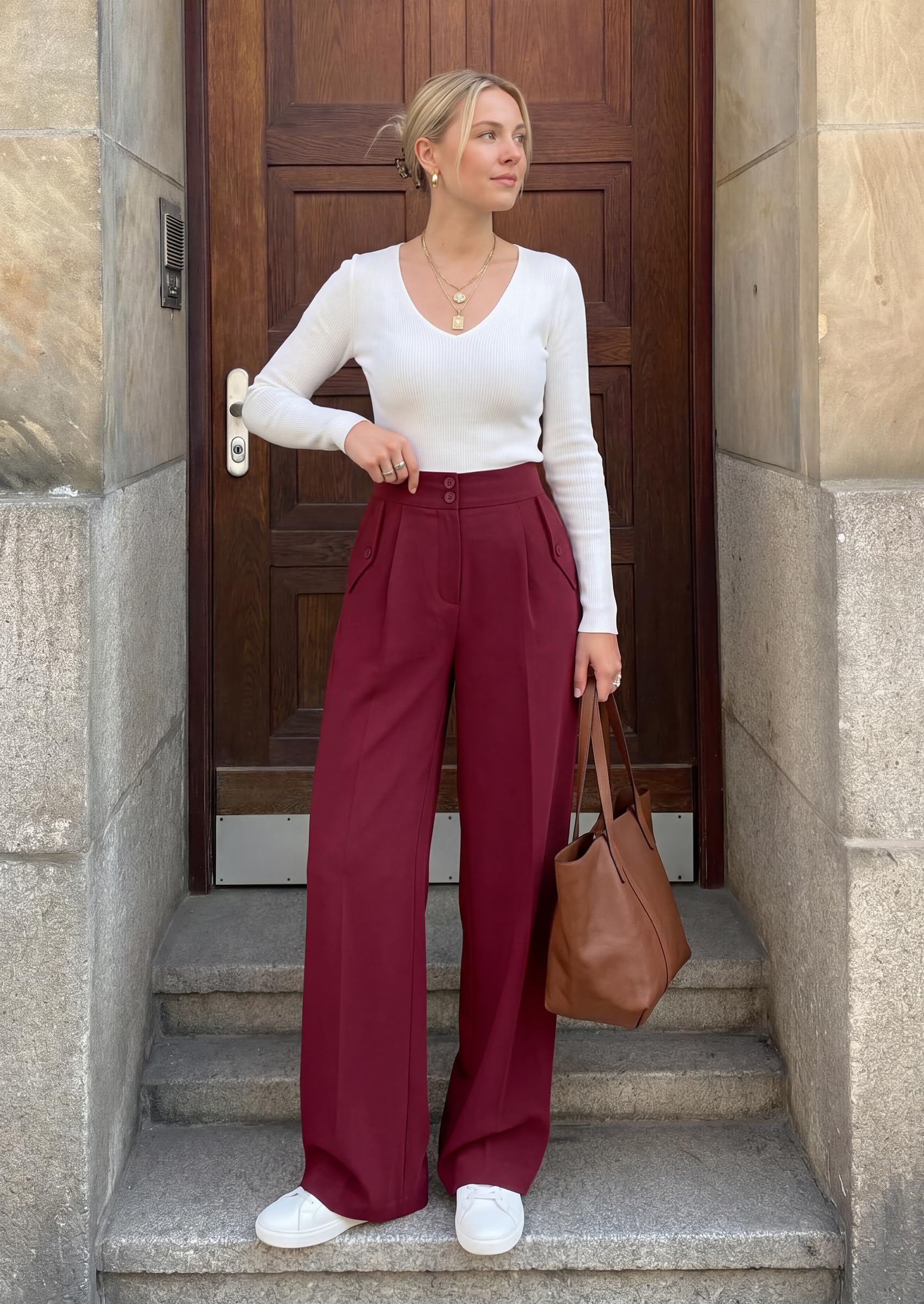 Women's Wide Leg Work Dress Pants Trousers (Burgundy,S)