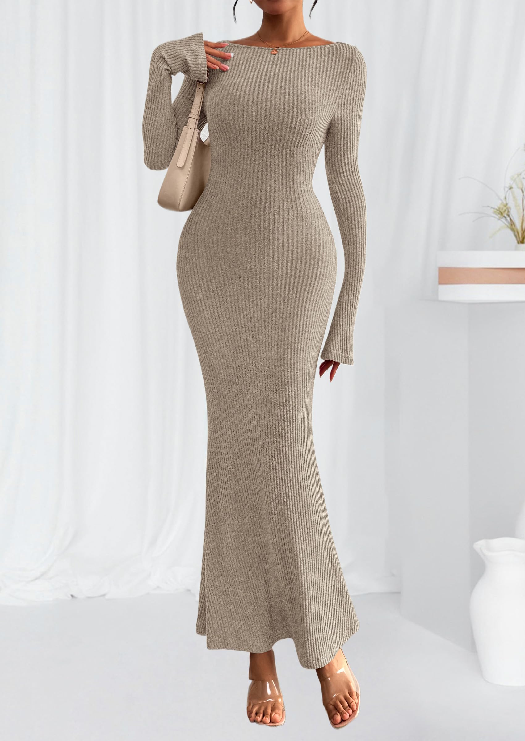 Women's Fall Long Sleeve Bodycon Maxi Dresses (Apricot,XS)