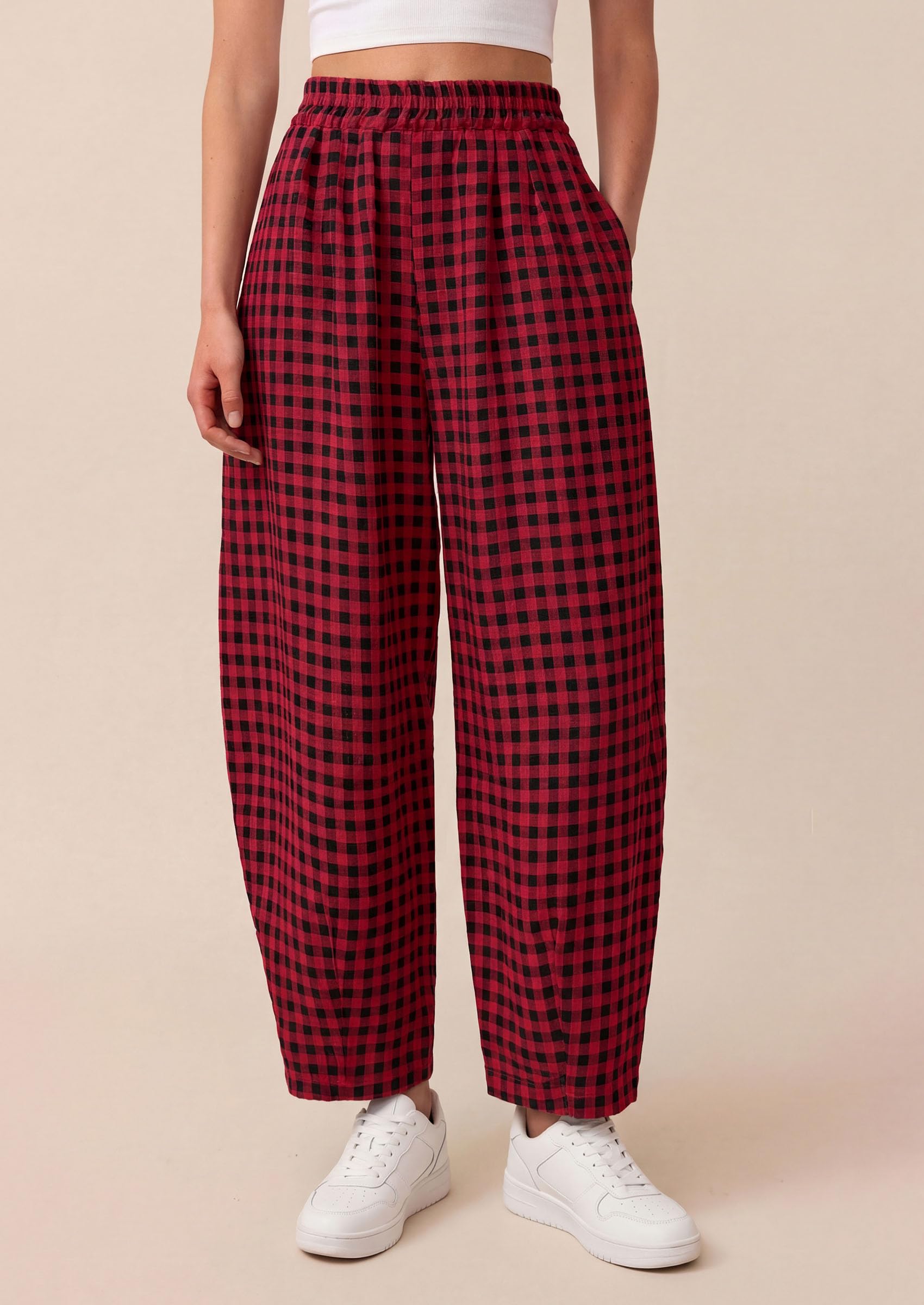 Plaid Barrel Pants Women Summer Bottoms, Black Red Plaid,S