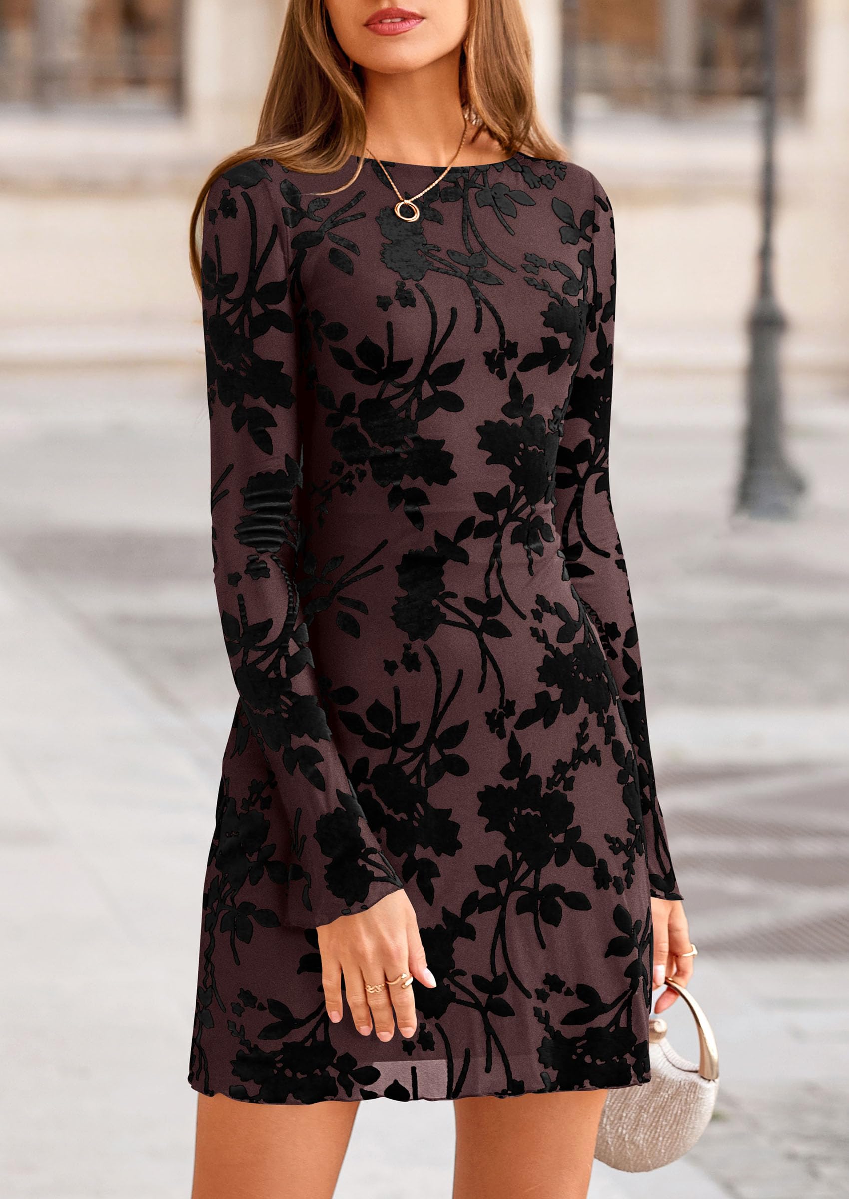 Women's Fall Floral Long Sleeve Mini Dress (Brown Black,XS)