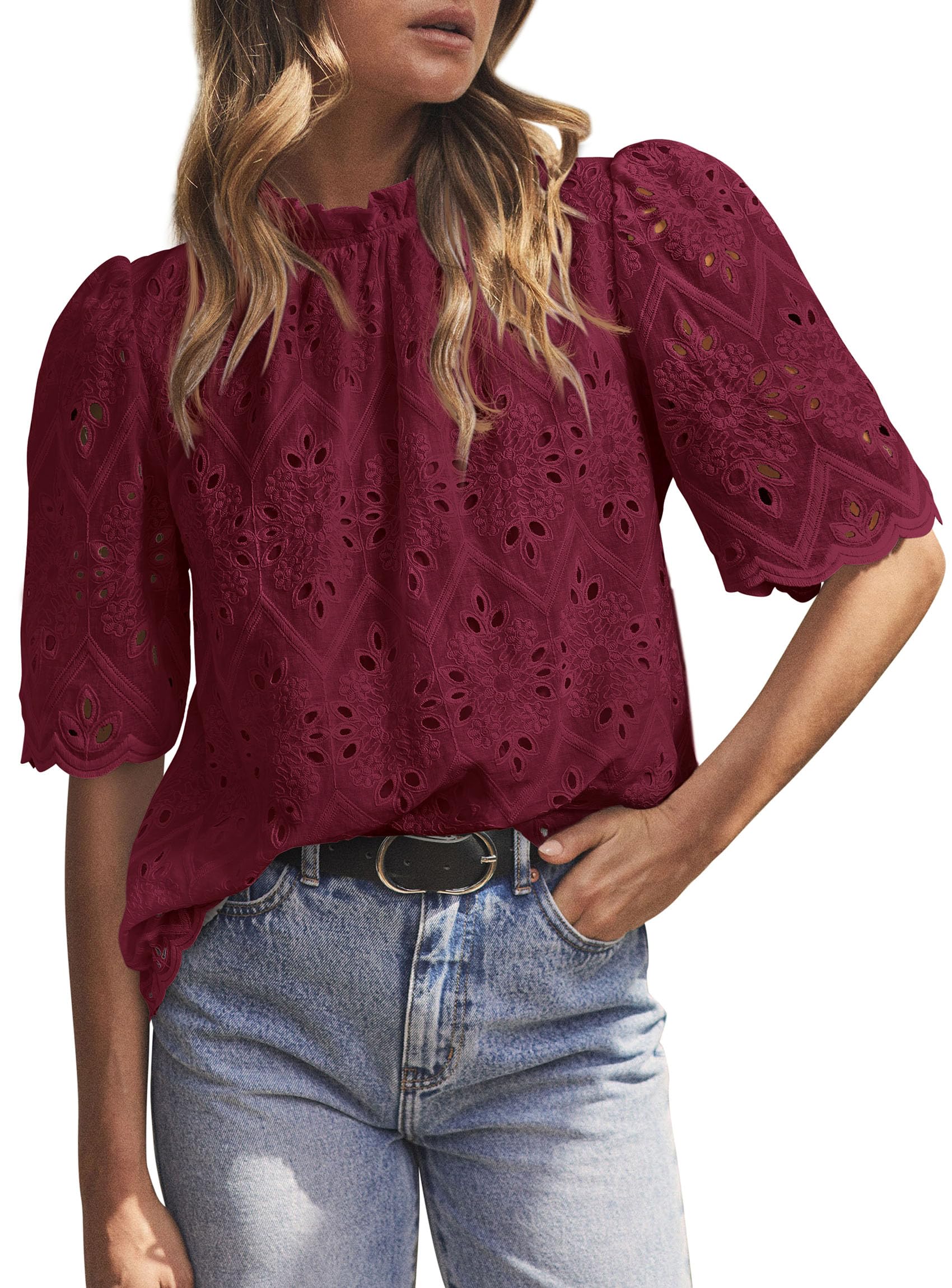 Women Summer Tops Eyelet Embroidered Shirts,Wine Red,XS