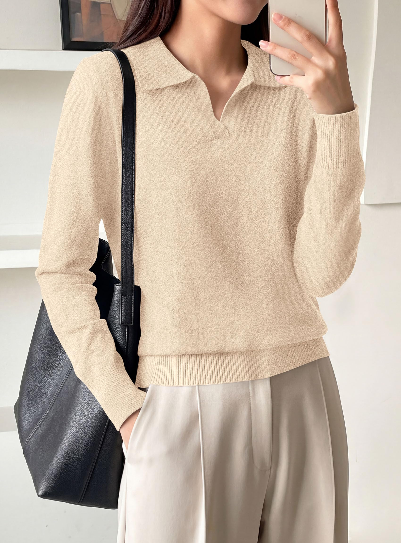 Womens Long Sleeve Collared Polo Sweater,Apricot,S
