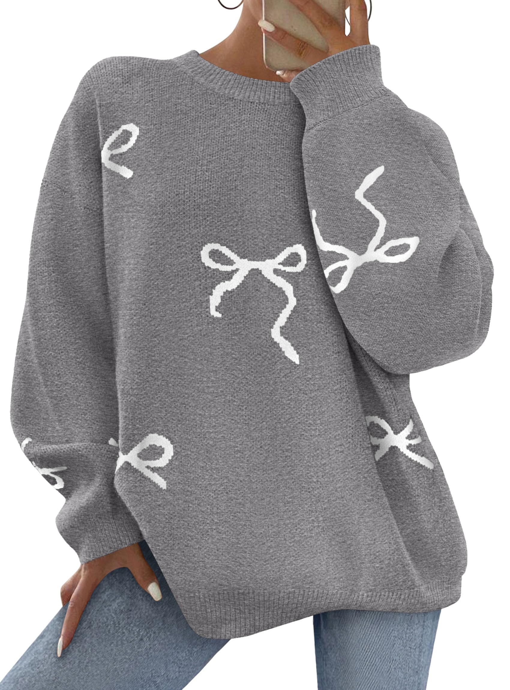 Fall Long Sleeve Pullover Sweaters for Women 2026 Trendy Crewneck Casual Cute Bow Chunky Knit Oversized Sweater (Grey,Small)