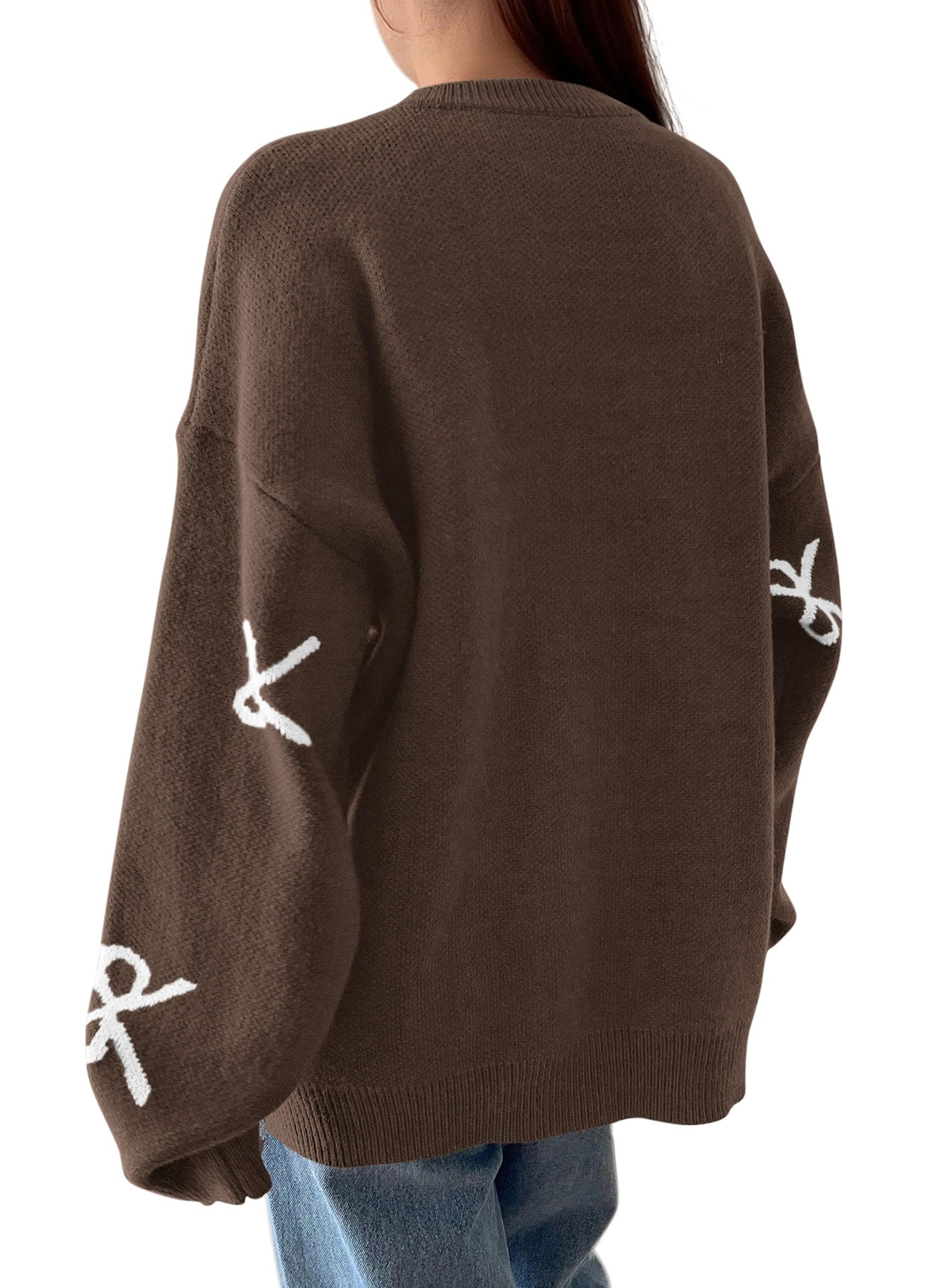 Women Long Sleeve Cute Bow Oversized Sweater,Brown,S