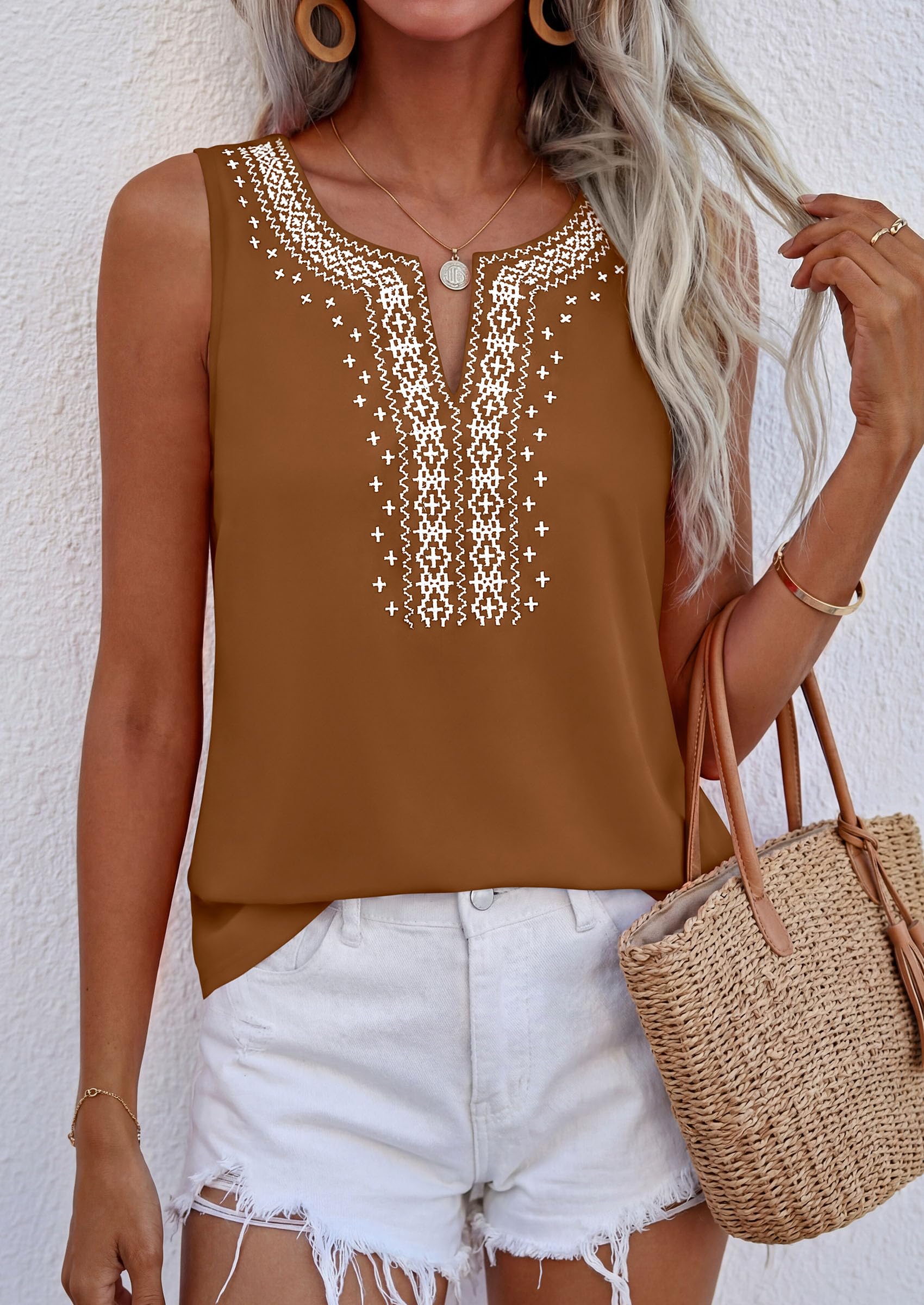 Womens Embroidered Sleeveless Tank Tops Khaki,S