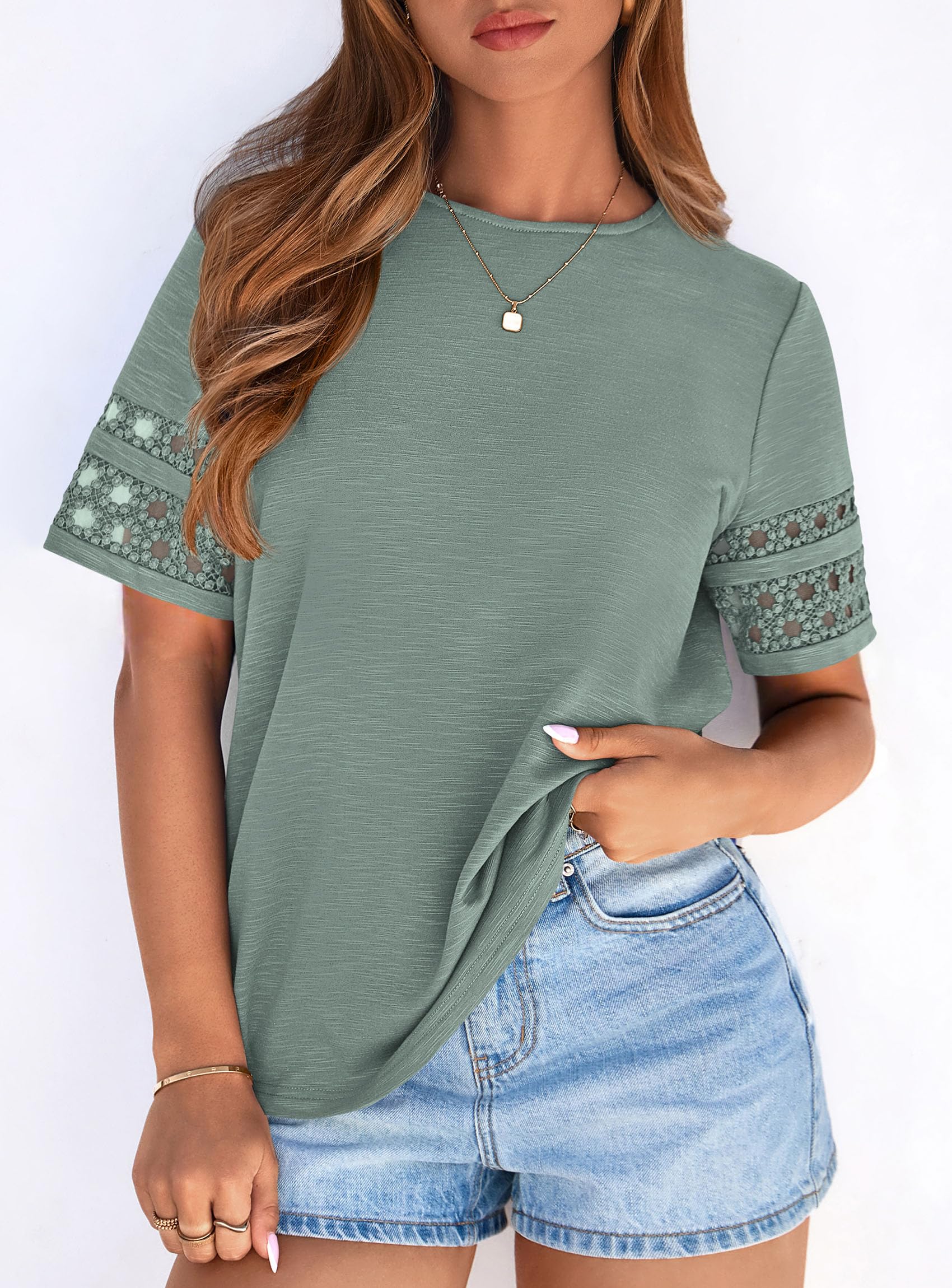 Women's Summer Short Sleeve Lace Trim T-Shirts,Sage Green,M