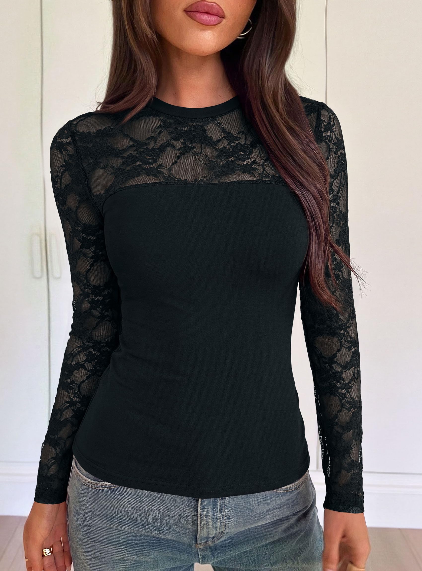 Womens Mesh Sheer Shirts Lace Long Sleeve Tops,Black,S